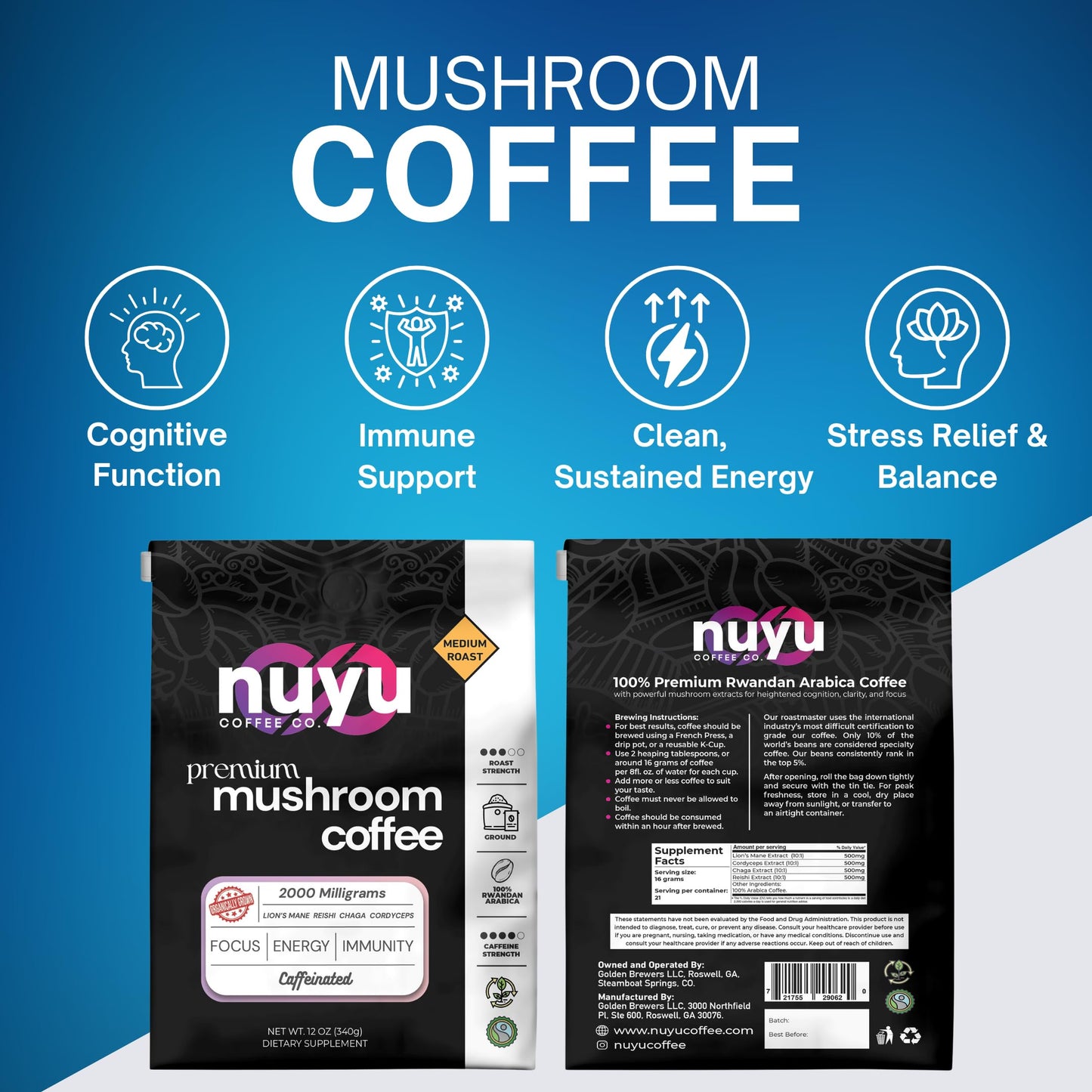 Nuyu Medium Roast Premium Mushroom Coffee, 12 oz, Specialty Ground 100% Arabica, 2000mg Functional Mushrooms, Lion's Mane, Reishi, Chaga, Cordyceps