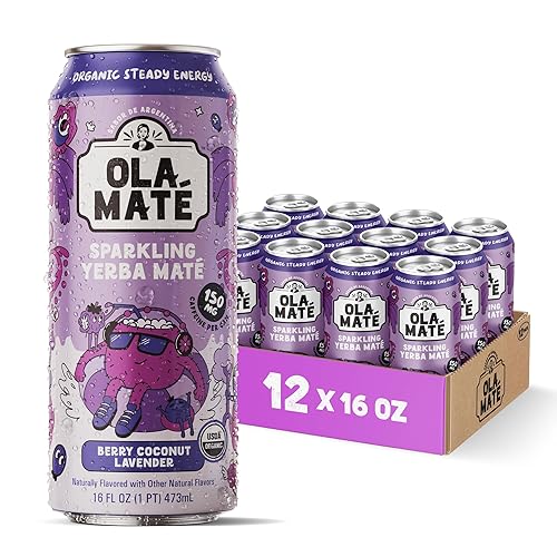 Yerba Mate Energy Drink - Low Sugar Sparkling Tea Cans with Ashwagandha, Lion’s Mane, USDA Organic Clean Energy Drink with 150mg Natural Caffeine, Ola