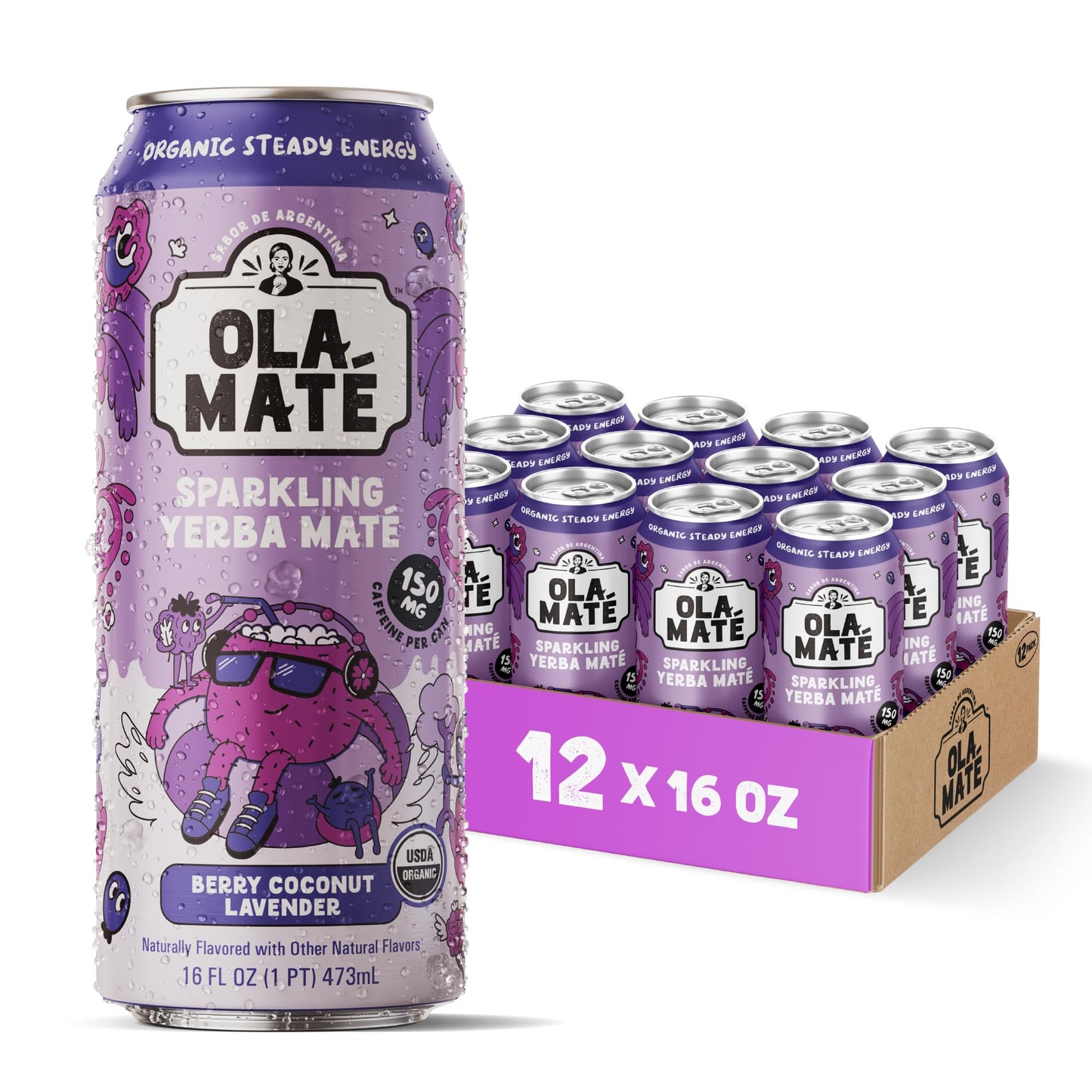 Yerba Mate Energy Drink - Low Sugar Sparkling Tea Cans with Ashwagandha, Lion’s Mane, USDA Organic Clean Energy Drink with 150mg Natural Caffeine, Ola