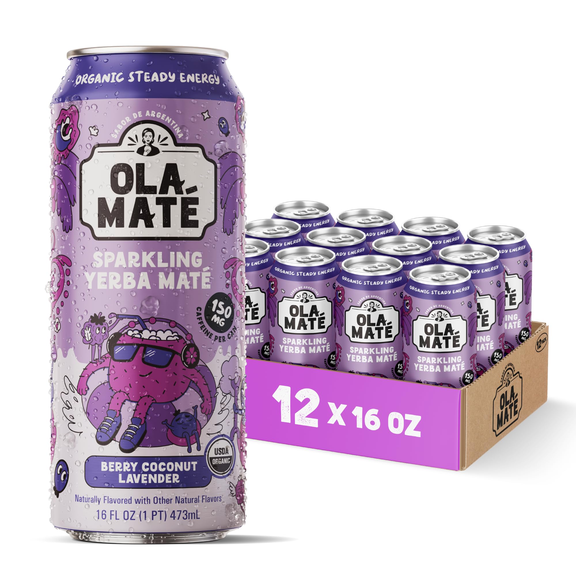 Yerba Mate Energy Drink - Low Sugar Sparkling Tea Cans with Ashwagandha, Lion’s Mane, USDA Organic Clean Energy Drink with 150mg Natural Caffeine, Ola