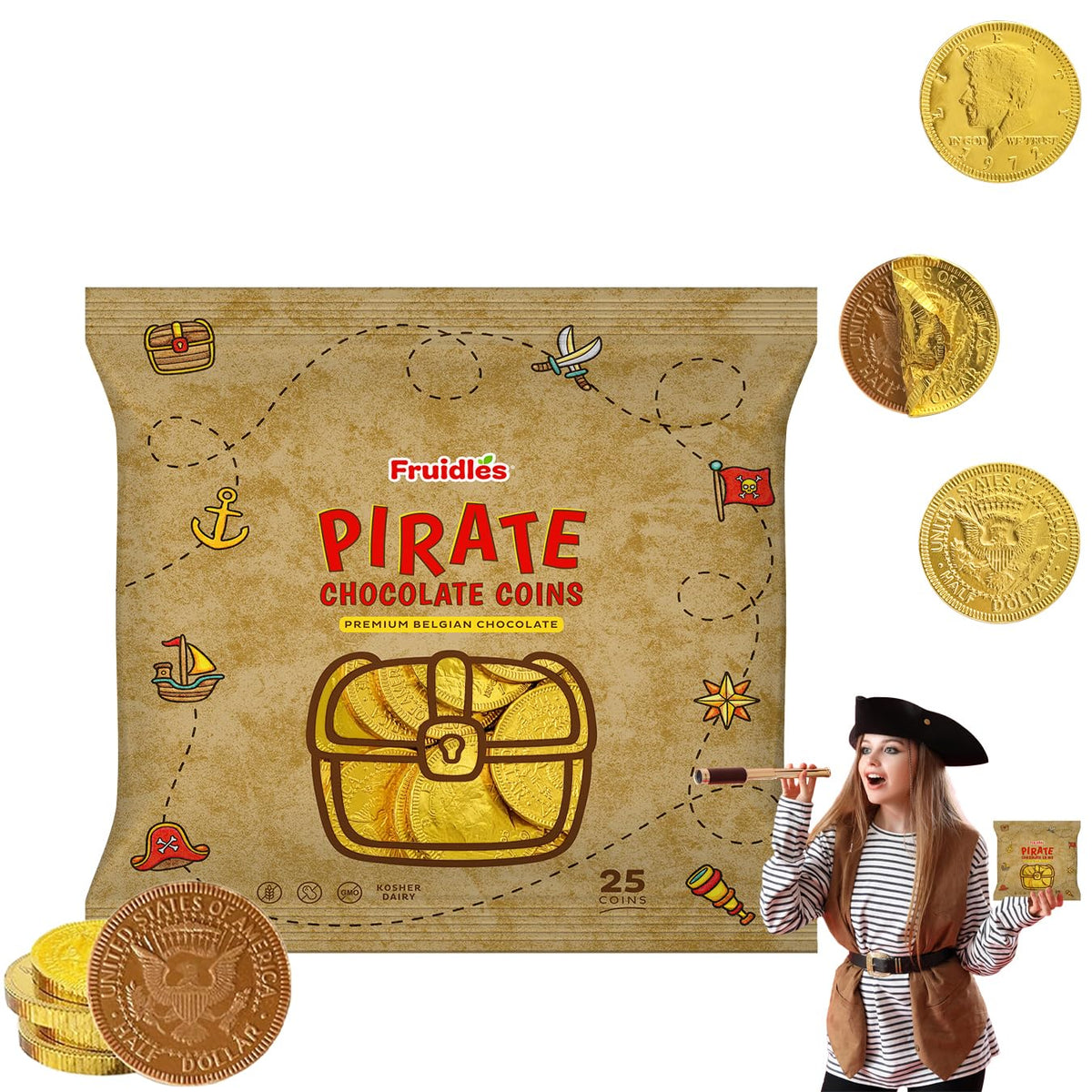 Fruidles Pirate Belgian Milk Chocolate Coins, Kosher Certified Dairy, Non GMO (Pack of 25)