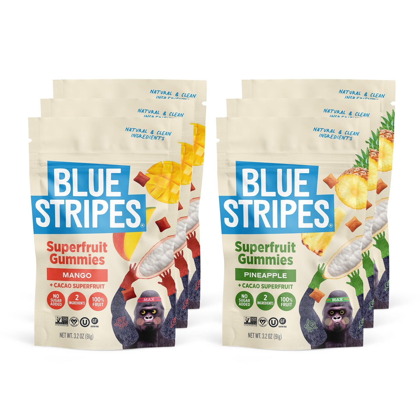 Blue Stripes Cacao Fruit Gummies - Mango & Pineapple Variety Pack | Two Ingredient Fruit Snack for Kids and Adults | No Sugar Added | Gluten Free
