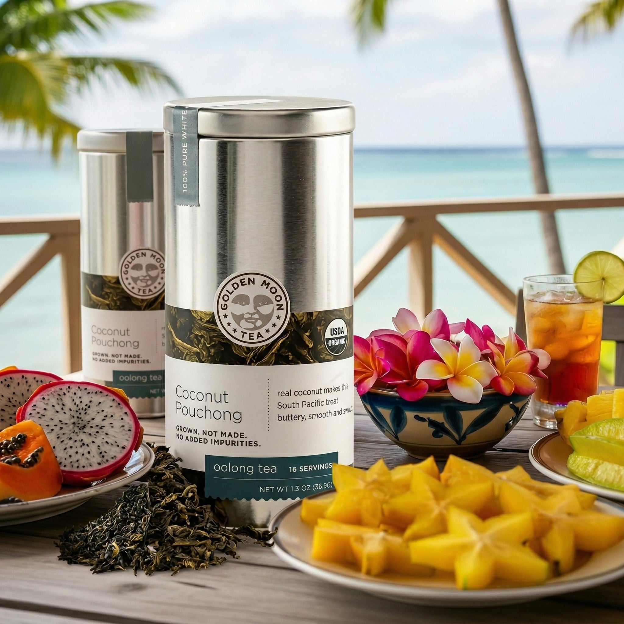 Golden Moon Tea Coconut Pouchong Green Tea - Loose Leaf, Non GMO - Travel Tin (16 Servings)