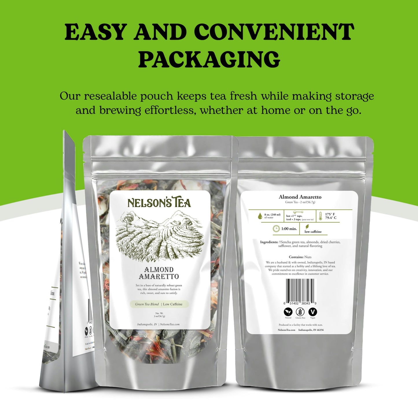 Nelson's Tea Almond Amaretto - Herbal Green Loose Leaf Tea, Curated Blend with Sencha Green Tea, almonds, Dried Cherries, and Safflower - Perfect