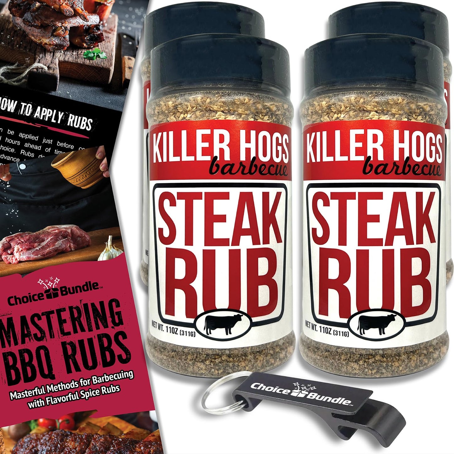 Killer Hogs Steak Rub Premium BBQ Barbecue Spice Seasoning 4 pk (44 oz) + Guide & Bottle Opener (6 Items)!