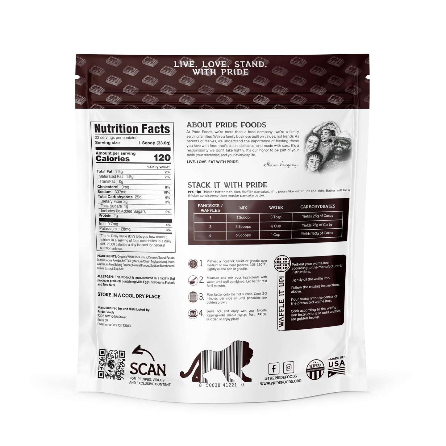 Pride Stacks Pancake & Waffle Mix - Organic Rice & Sweet Potato Blend, Chocolate