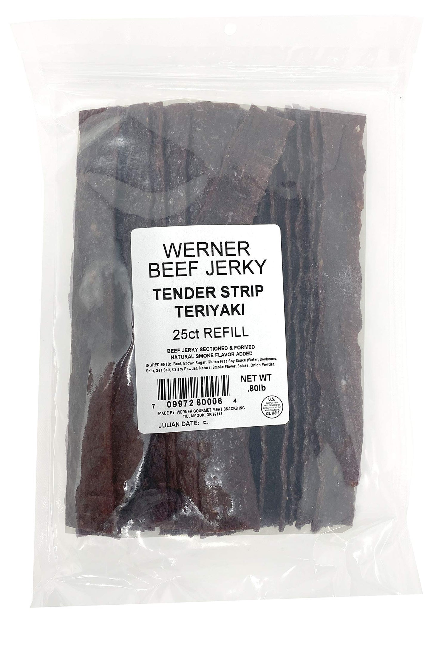 Werner Tender Strips Teriyaki Beef Jerky - Pack of 25 Jerky Strips - Made in the USA