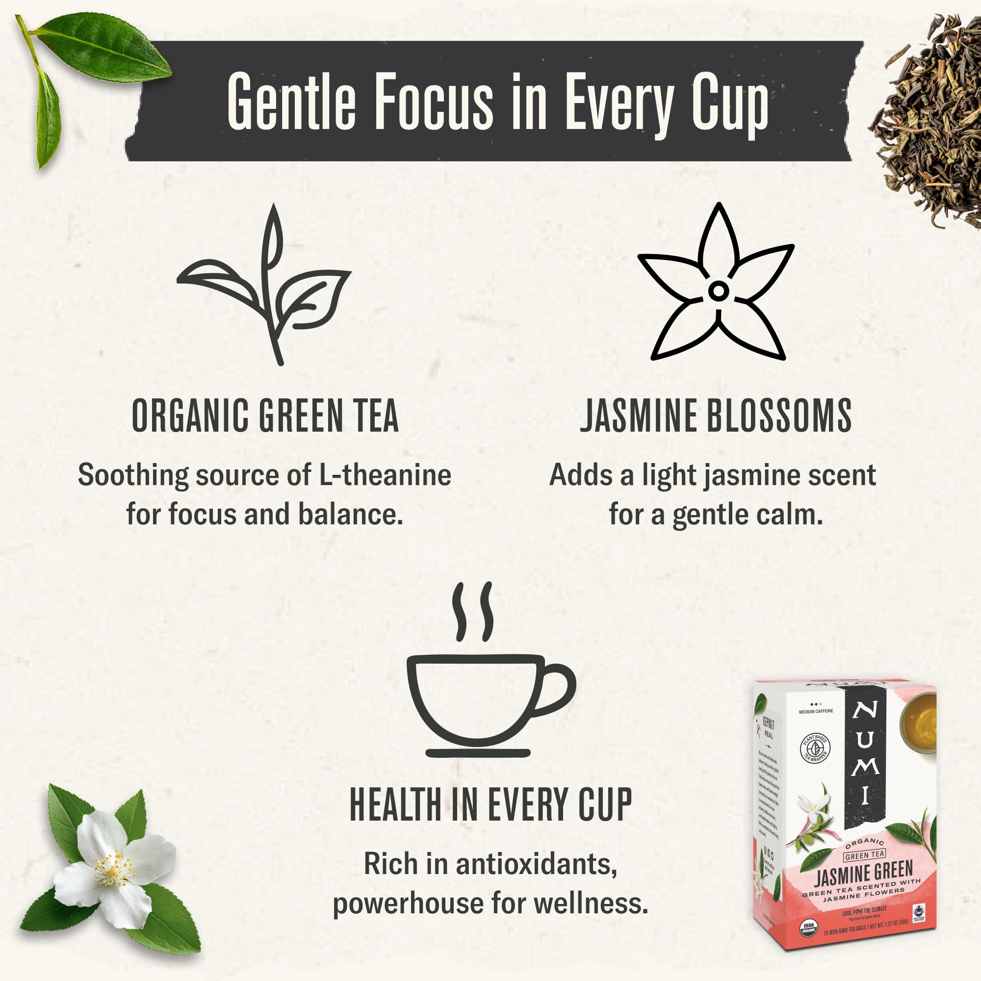 Numi Organic Green Tea with Jasmine, 18 Microplastic-Free Tea Bags