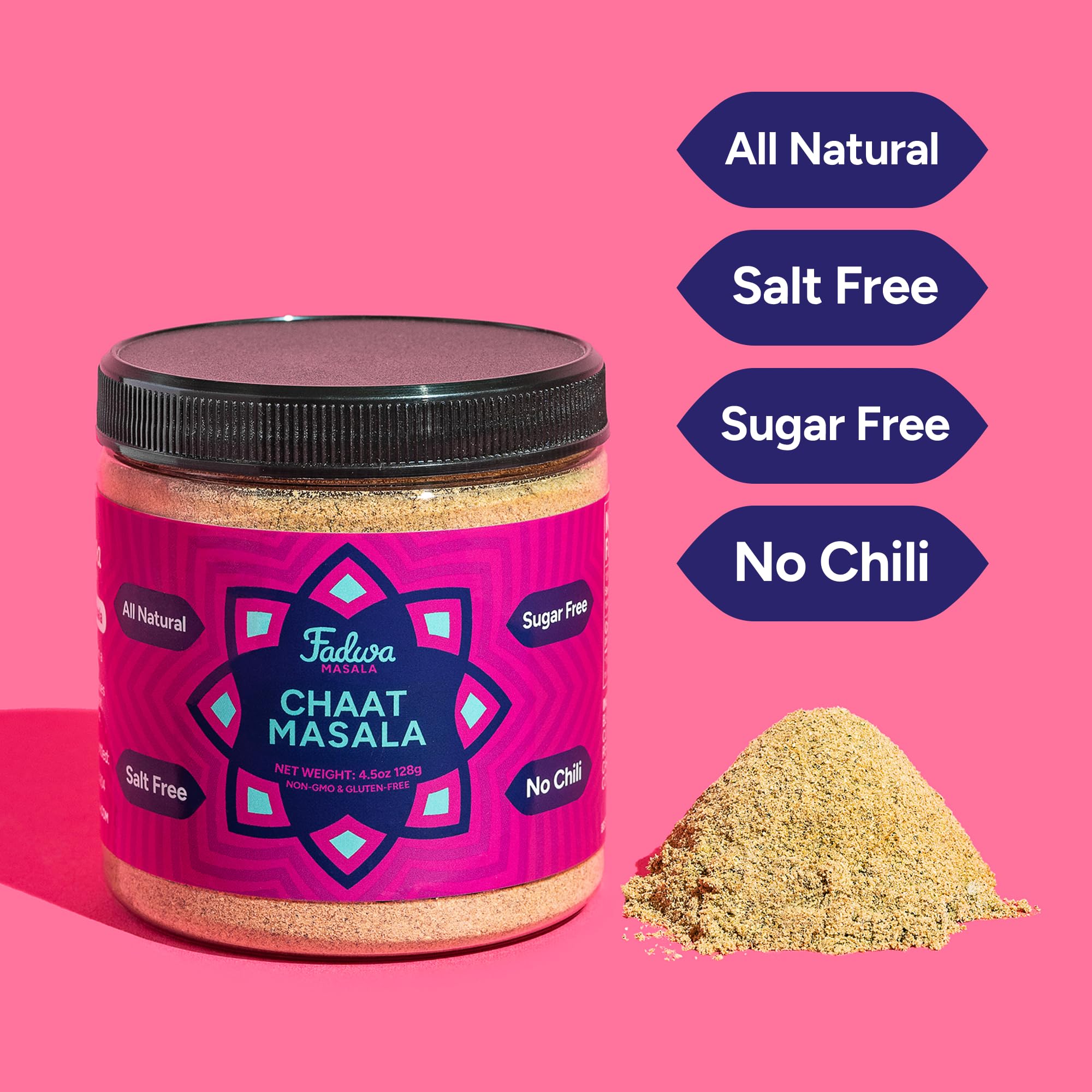 Fadwa Masala Chaat Masala Spice Mix - 4.5 oz Jar, Salt & Sugar Free, Non-Spicy Authentic Desi Spices for Pakistani & Indian Cooking, Curry, Garam