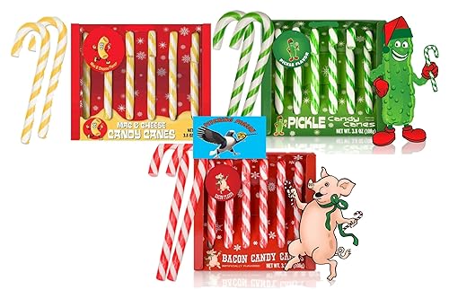 Mac & Cheese, Dill Pickle & Bacon Candy Canes 18ct - Funny Savory Christmas Candy, Novelty Gag Gift Stocking Stuffers, Weird Flavor Holiday Canes