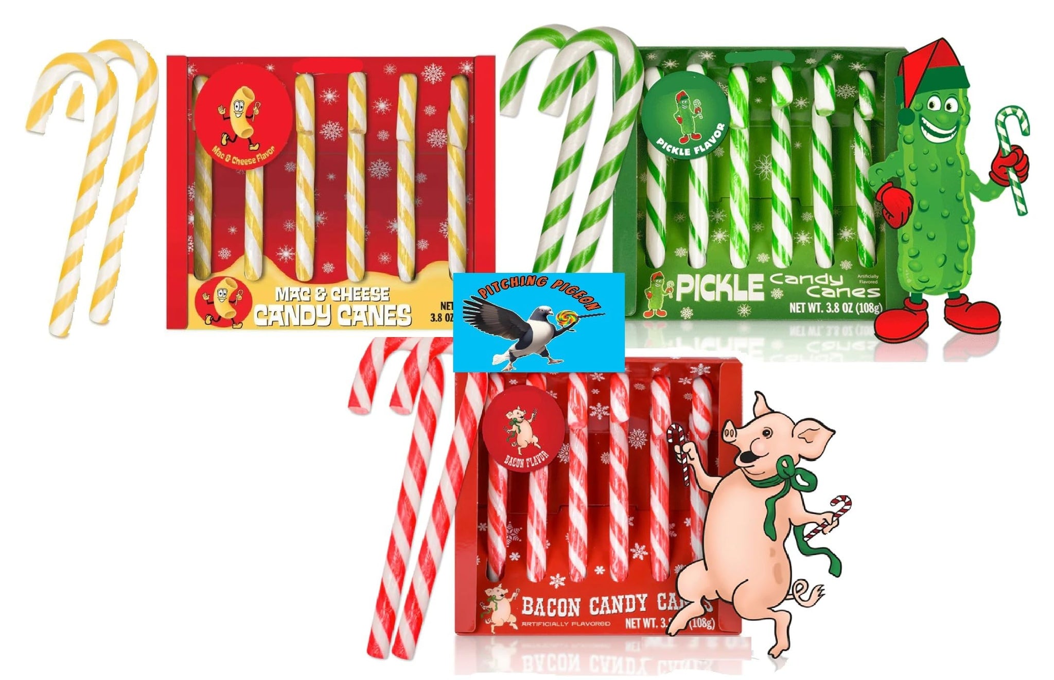 Mac & Cheese, Dill Pickle & Bacon Candy Canes 18ct - Funny Savory Christmas Candy, Novelty Gag Gift Stocking Stuffers, Weird Flavor Holiday Canes