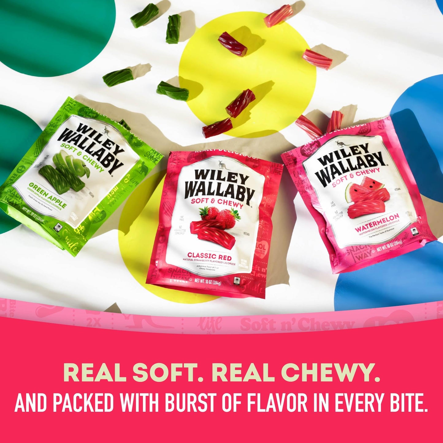 Wiley Wallaby Licorice 10 Ounce Variety Pack - Red Strawberry, Watermelon & Green Apple Classic Gourmet Australian Style Soft & Chewy Licorice Candy