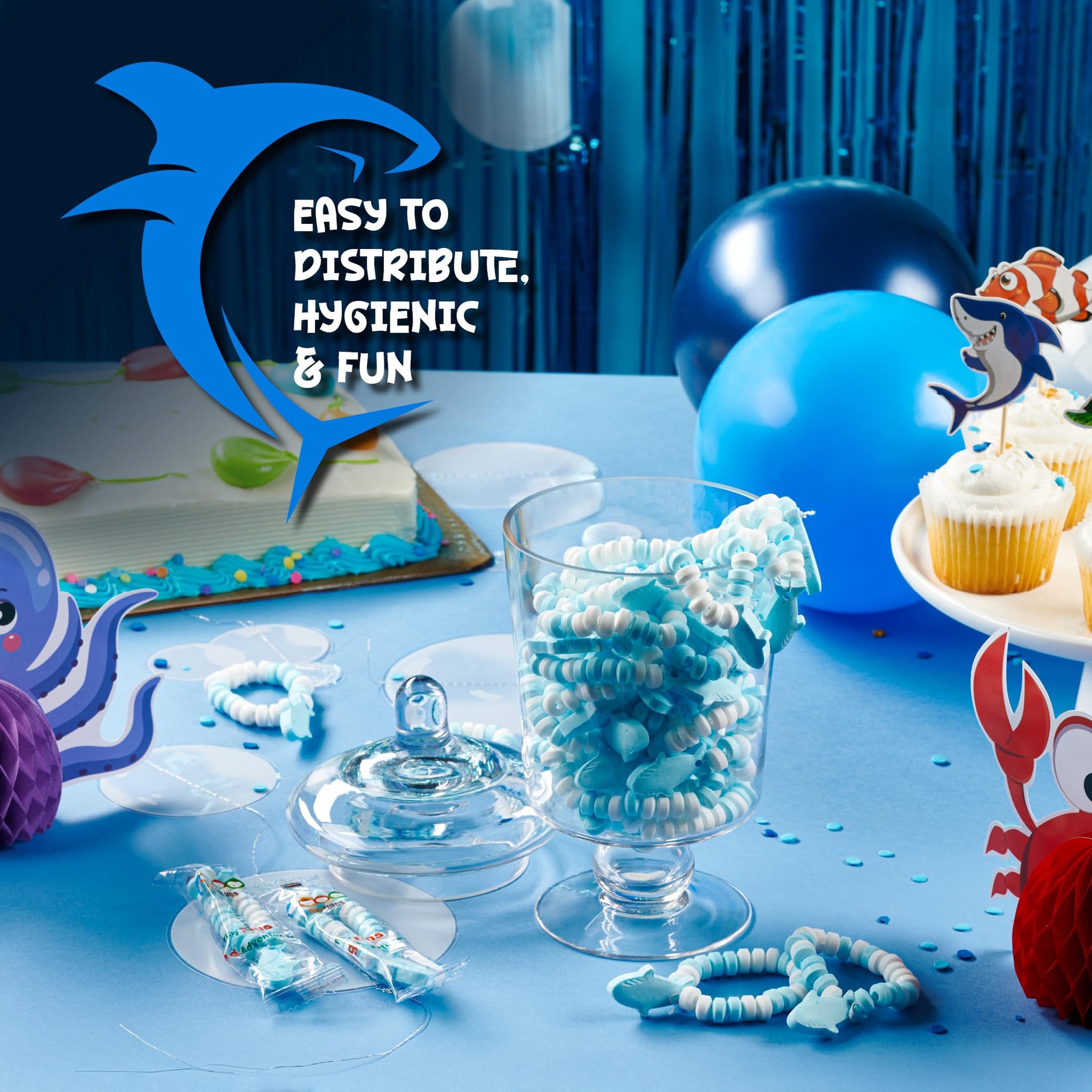 50 Shark Candy Bracelets, Cool Blue Candy for Under the Sea and Baby Shark Party Favors, Decorations and Goody Bag Fillers, Individually Wrapped In a