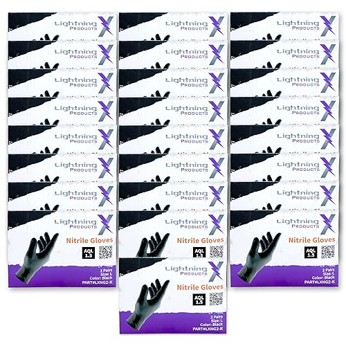 Lightning X Products Black Nitrile Glove Pairs, Individually Packed, 100 Gloves, 50 Pairs, 25 Carded Packs of 2 Pairs - Large