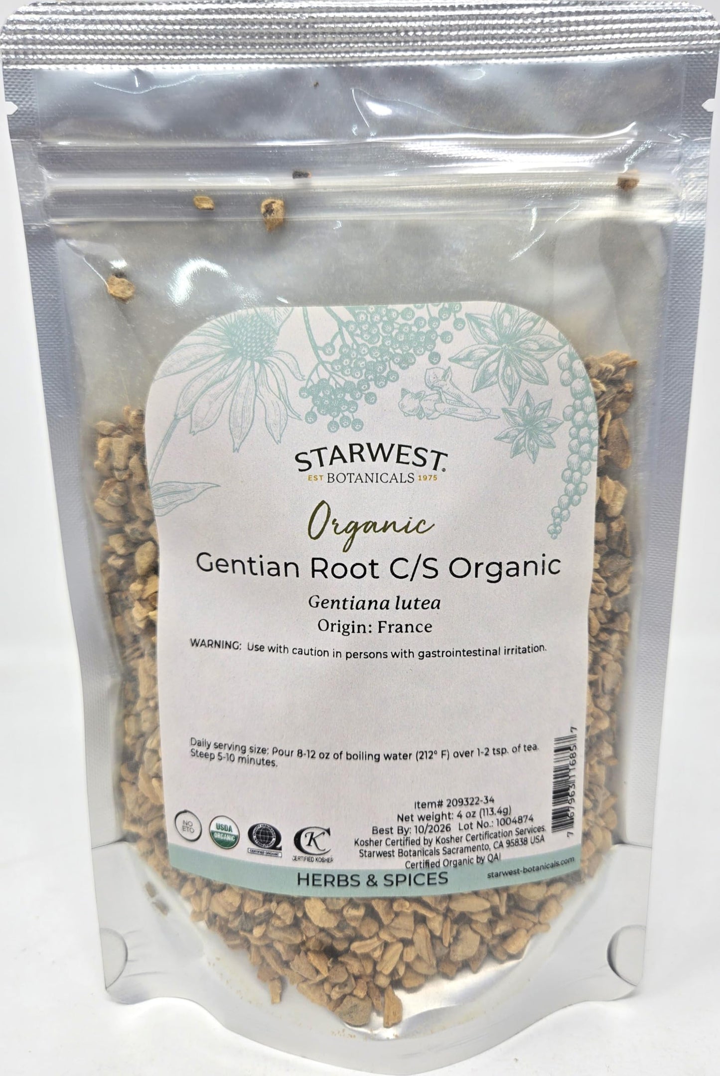 Starwest Botanicals Organic Gentian Root Dried - Natural Herb for Bitters, Tea, Herbal Blends, & Gourmet Dishes, Cut & Sifted, Non GMO - 4 oz Bag