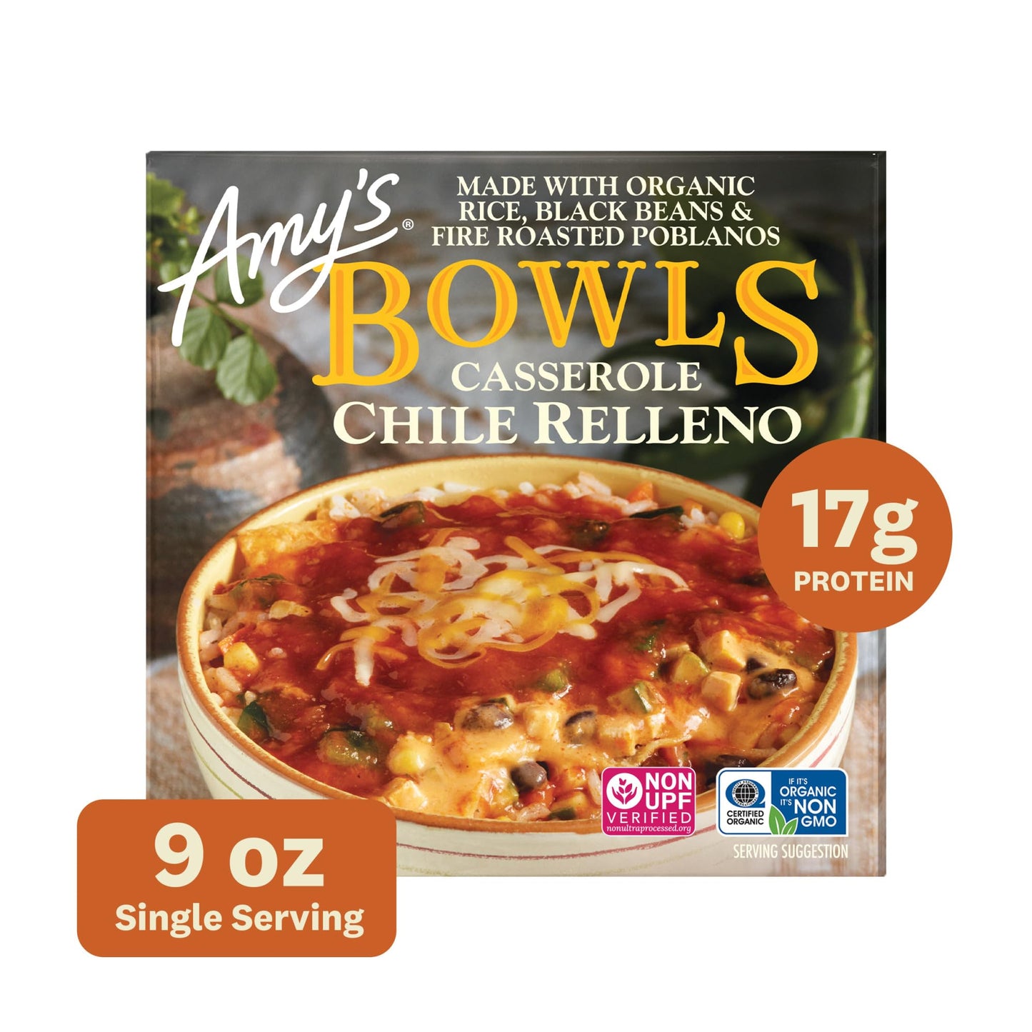 Amy's Frozen Meals, Chile Relleno Casserole Bowl, Made With Organic Rice, Tomatoes and Black Beans, Microwave Meals, 9 Oz