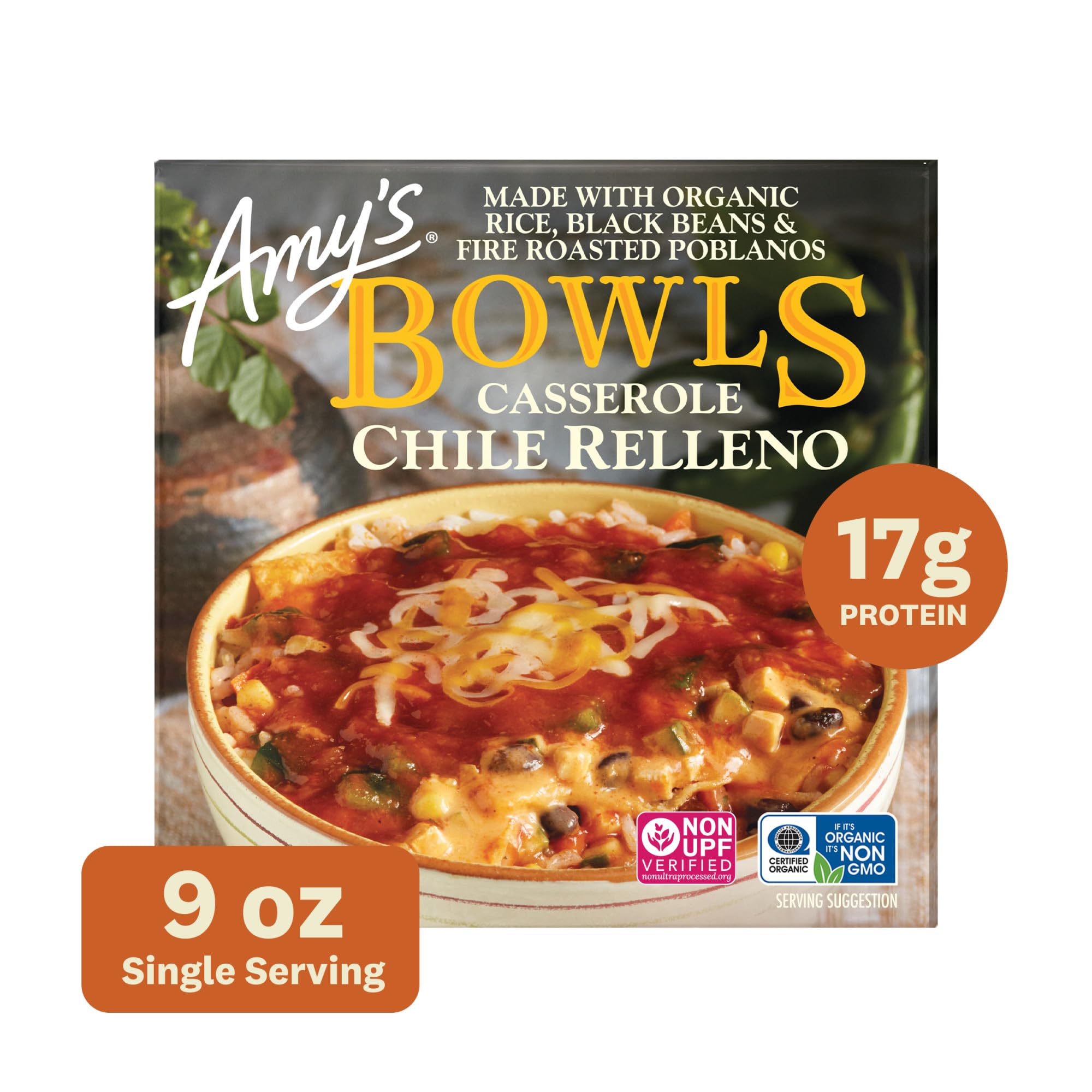 Amy's Frozen Meals, Chile Relleno Casserole Bowl, Made With Organic Rice, Tomatoes and Black Beans, Microwave Meals, 9 Oz