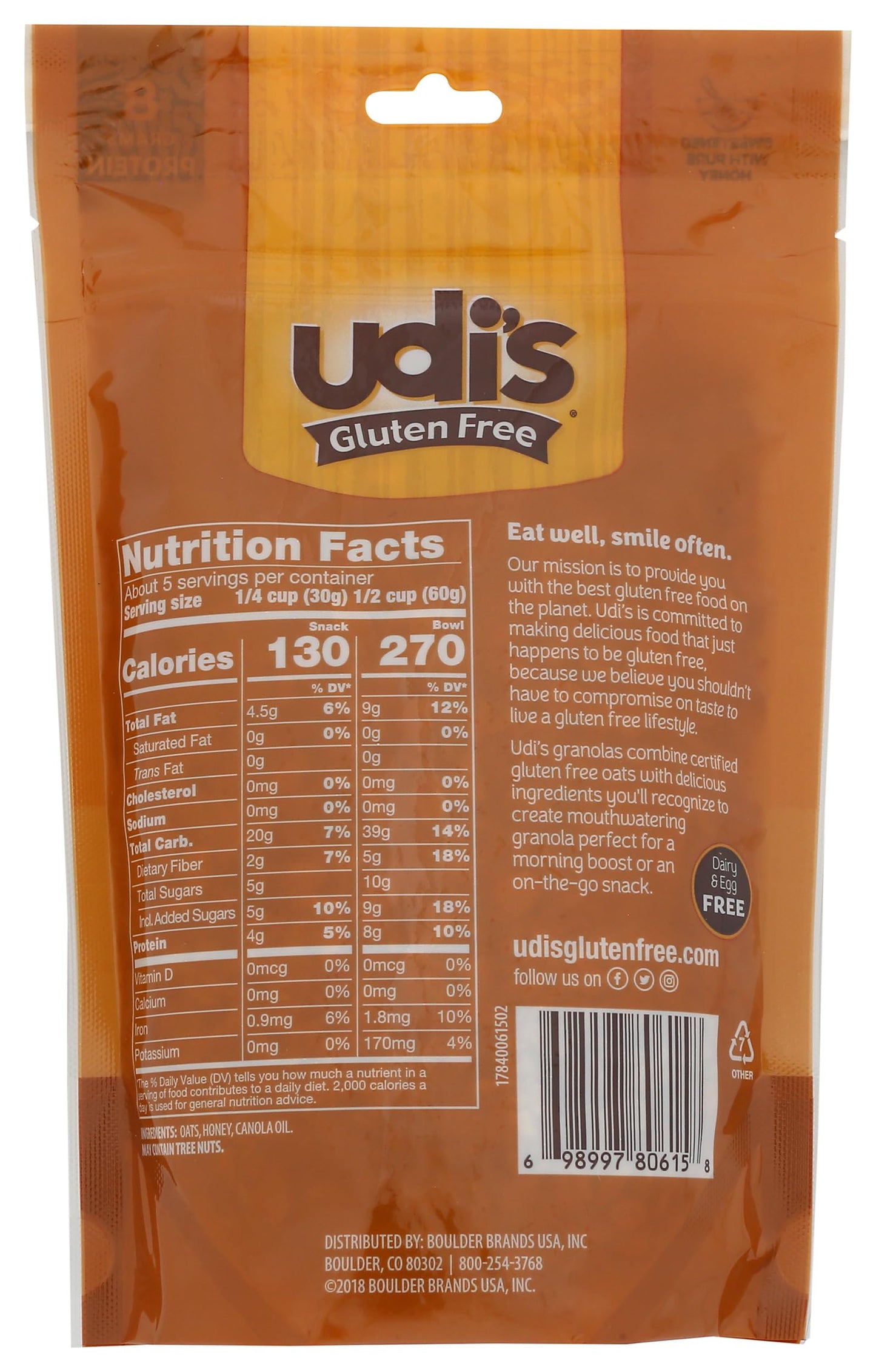 Udi's Gluten Free Au Naturel Granola, Dairy Free and Egg Free, Pure Honey , 11Ounce (Packaging May Vary)