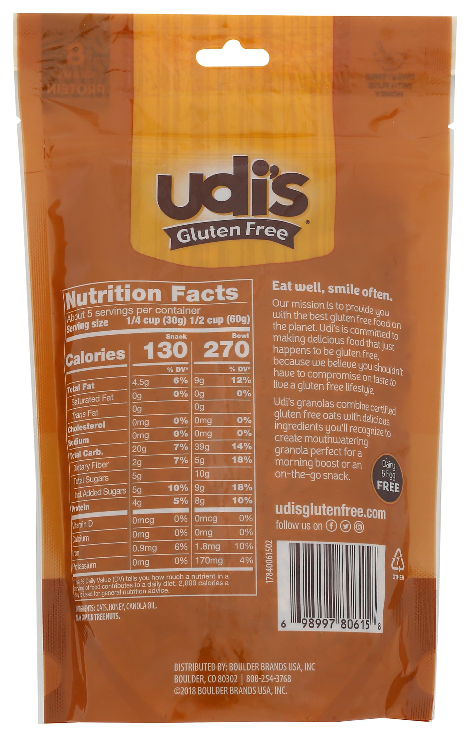 Udi's Gluten Free Au Naturel Granola, Dairy Free and Egg Free, Pure Honey , 11Ounce (Packaging May Vary)