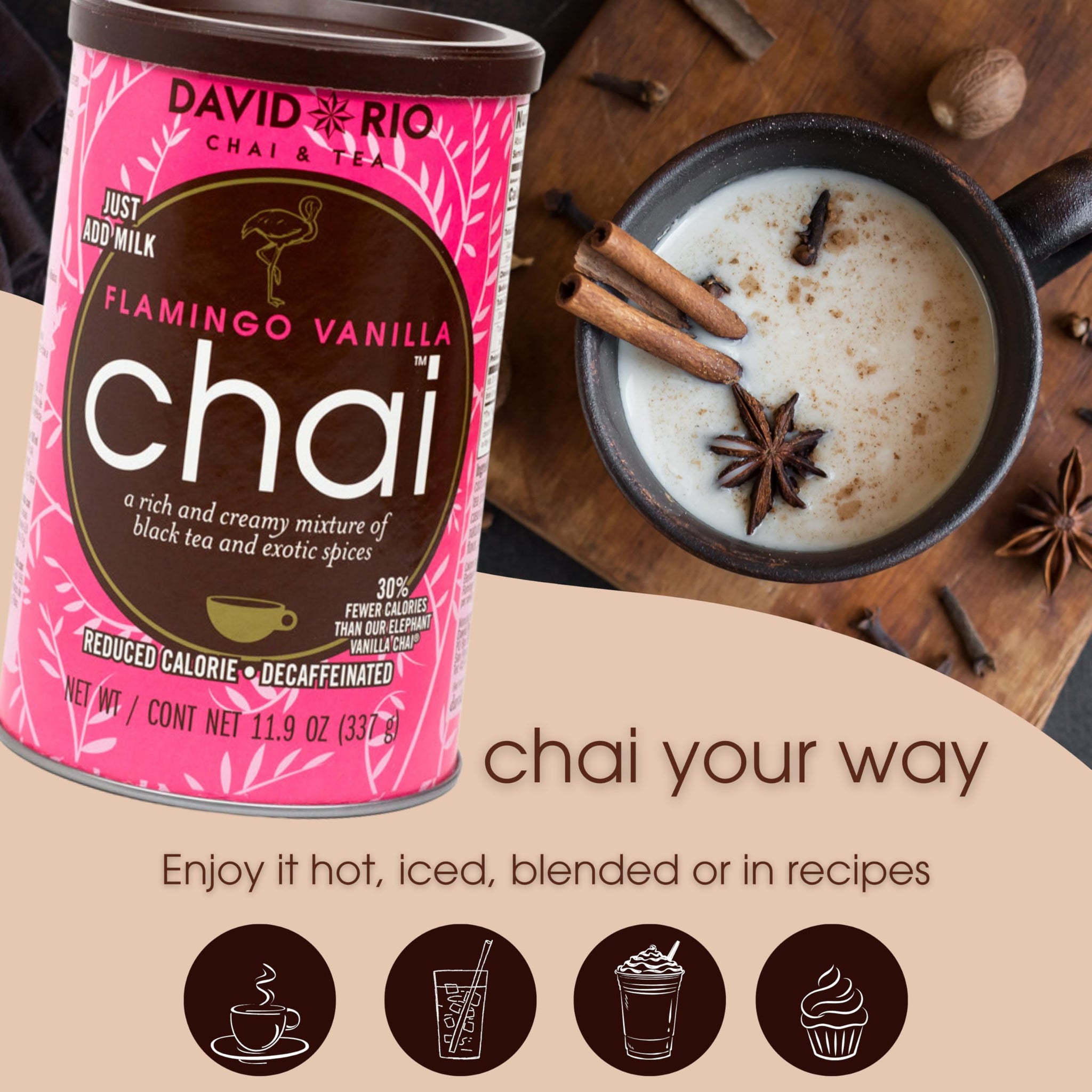 Flamingo Vanilla Decaffeinated Reduced Calorie Chai Tea Latte Mix, 48 Oz, Decaf Black Tea, Organic Spices, Sugar Free, Dairy Free, Serve Hot or Cold