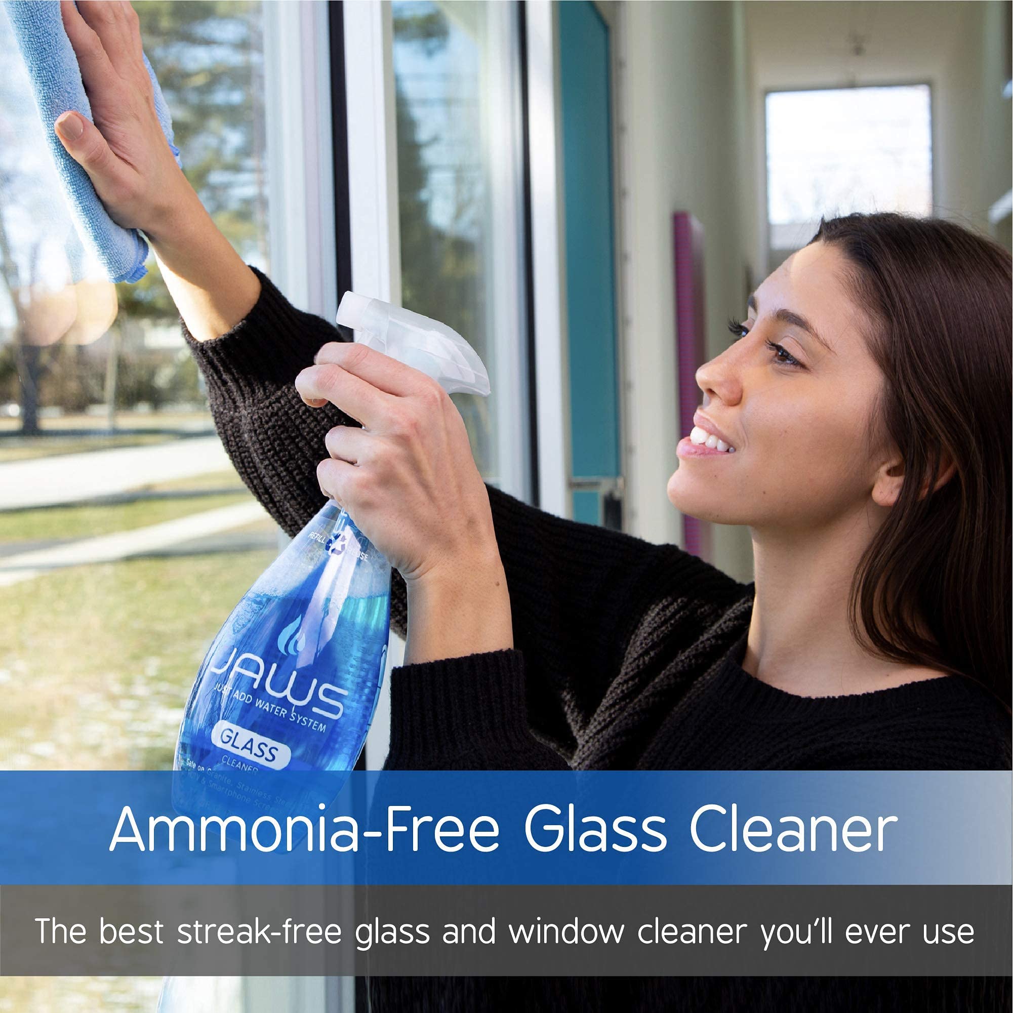 JAWS Glass Cleaner Bottle with 2 Refill Pods. Refillable Cleaning Supplies