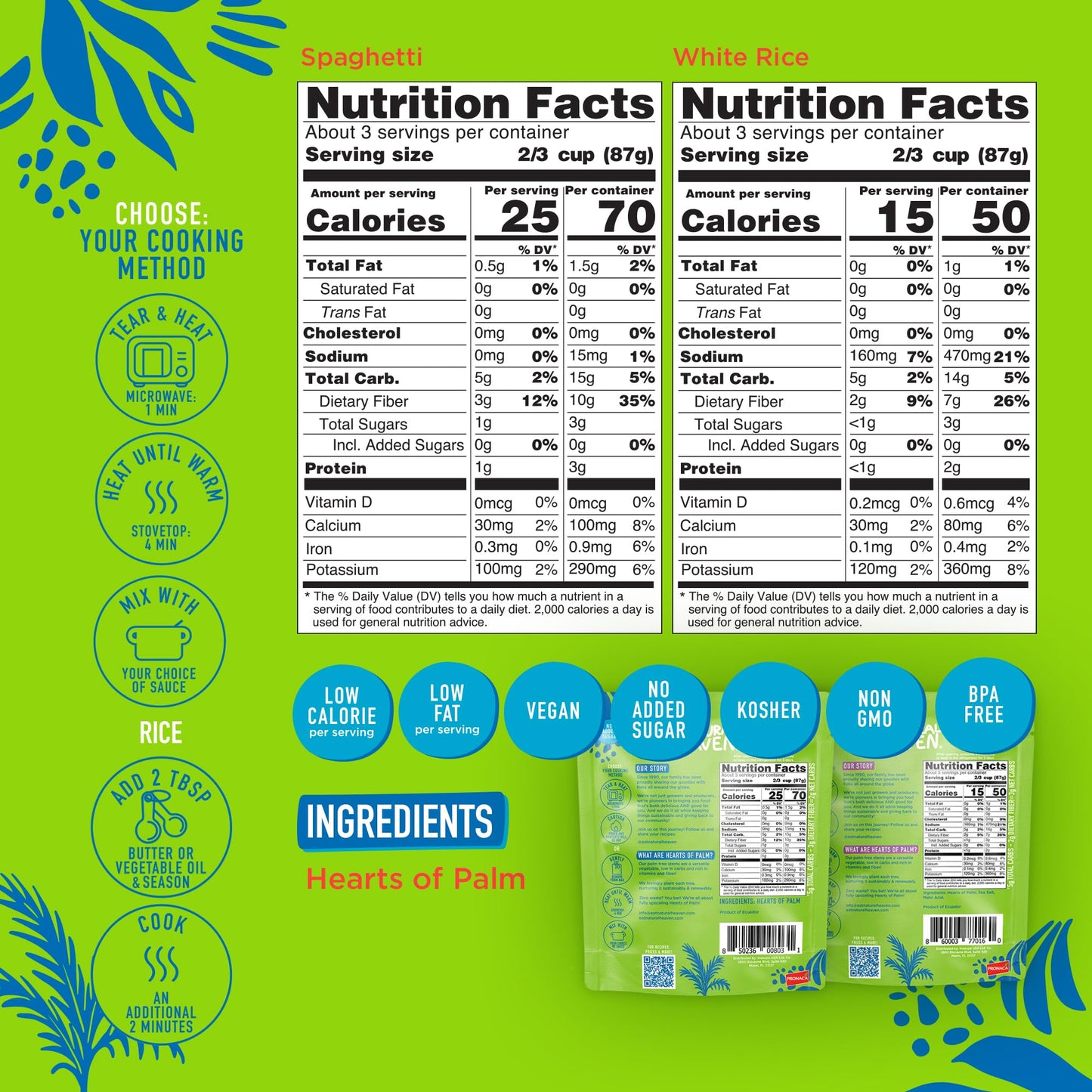 Natural Heaven Hearts of Palm Spaghetti 3-Pack + White Rice 3-Pack - Low-Calorie, Keto & Gluten-Free Food, Vegan, 9 Oz Ea