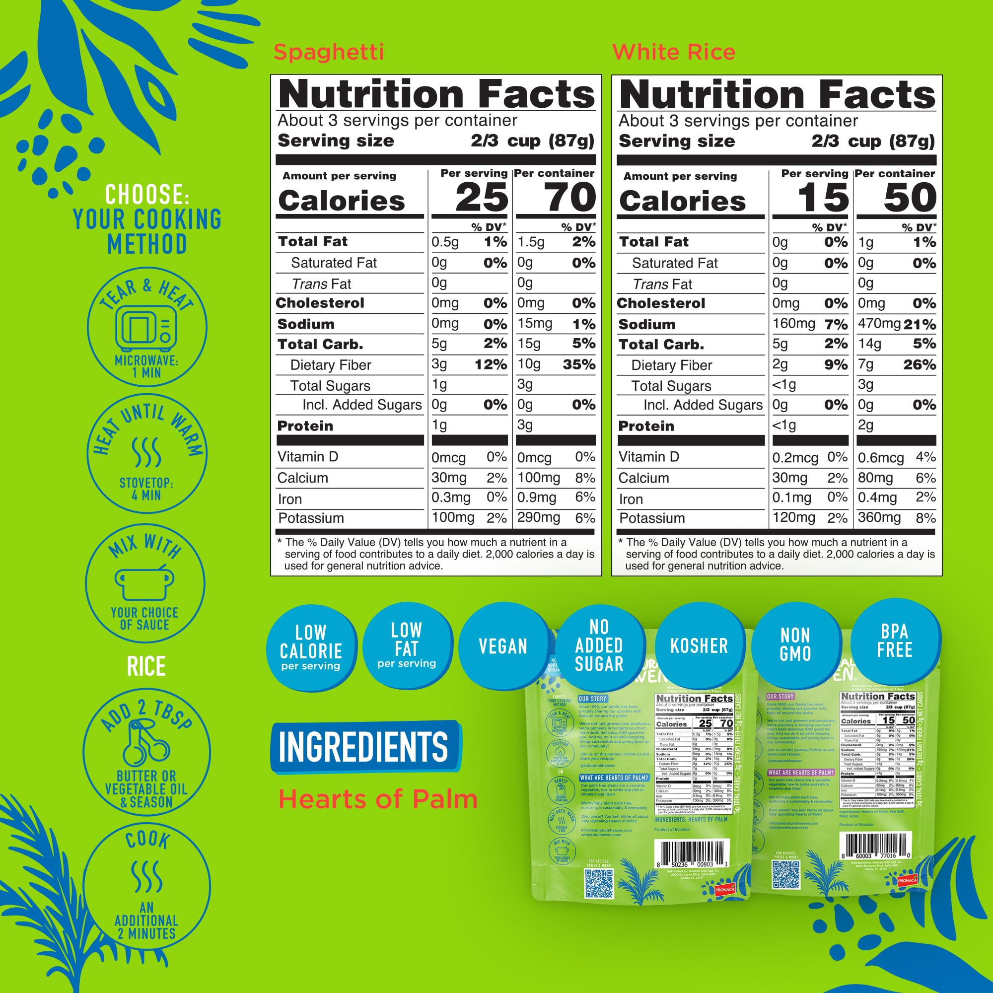 Natural Heaven Hearts of Palm Spaghetti 3-Pack + White Rice 3-Pack - Low-Calorie, Keto & Gluten-Free Food, Vegan, 9 Oz Ea