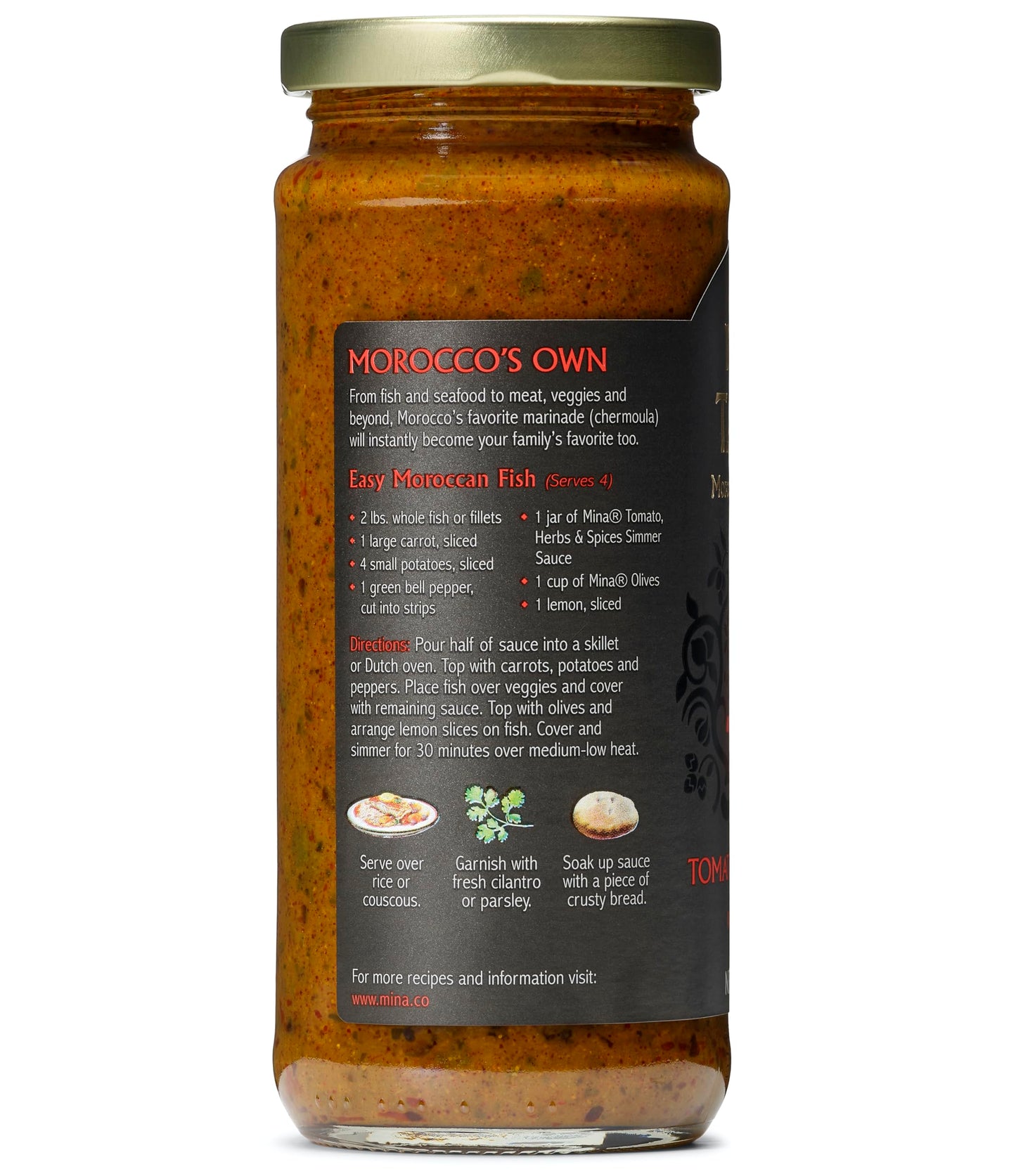 Mina Tagine Moroccan Fish Simmer Sauce Sauce, 12 oz - Tomato, Herbs & Spices, Moroccan Chermoula Sauce, Made with Lemon & Olive Oil, Tagine Seasoning