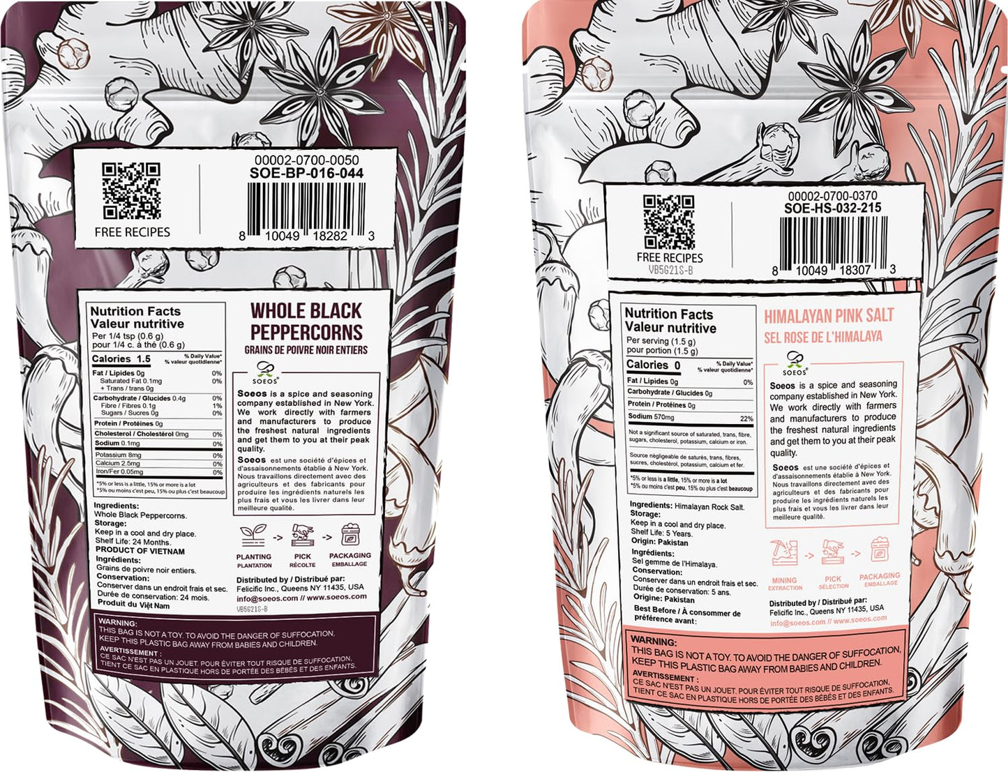Soeos Whole Black Peppercorns 12oz + Himalayan Pink Salt 2lb, Salt and Pepper for Grinders, Black Peppercorn Refil, Pink Himalayan Sea Salt, 2 Piece