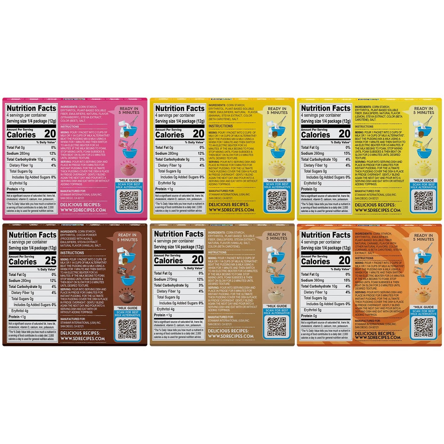 Simply Desserts Strawberry, Chocolate, Vanilla, Banana, Salted Caramel, Lemon Instant Pudding, Sugar-Free, Variety 6-Pack - Healthy Dessert, Keto