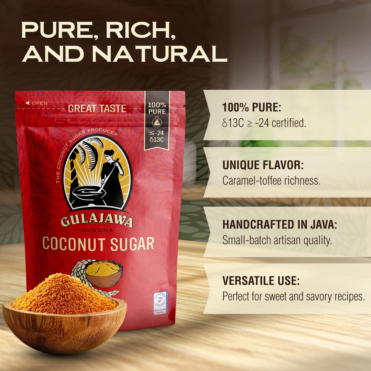 GULAJAWA Javanese Coconut Sugar - Single Origin, Pure Coconut Palm Sugar | Complex Caramel Notes for Coffee, Tea Lattes, Baking, Thai Cooking & Dry Rub Seasonings | Low GI Natural Sweetener - 1LB