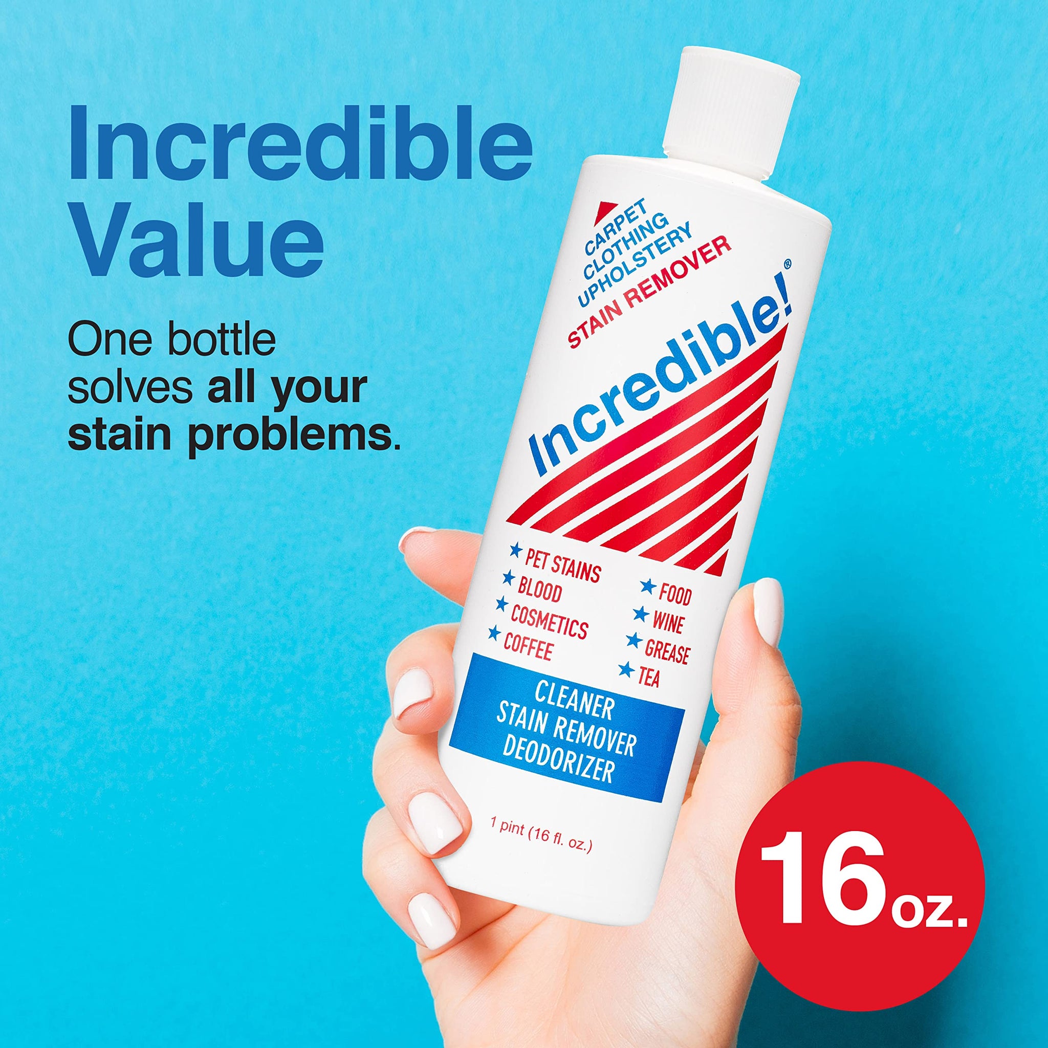 INCREDIBLE! Stain Remover For Clothes, Laundry, Carpets, Mattress & Upholstery, 16.oz (Pack of 3)