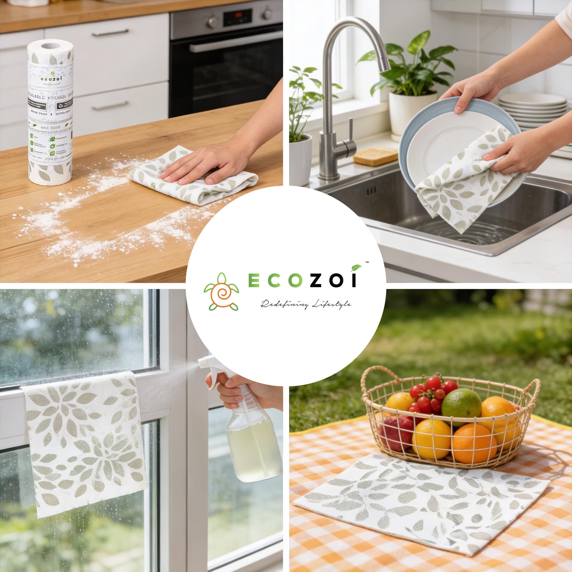 Ecozoi Bamboo Rayon Reusable Towels - 4 Pack | Equivalent to 80 Regular Rolls | 70% Rayon from Bamboo and 30% Cotton Kitchen Paper Rolls | 50 Times