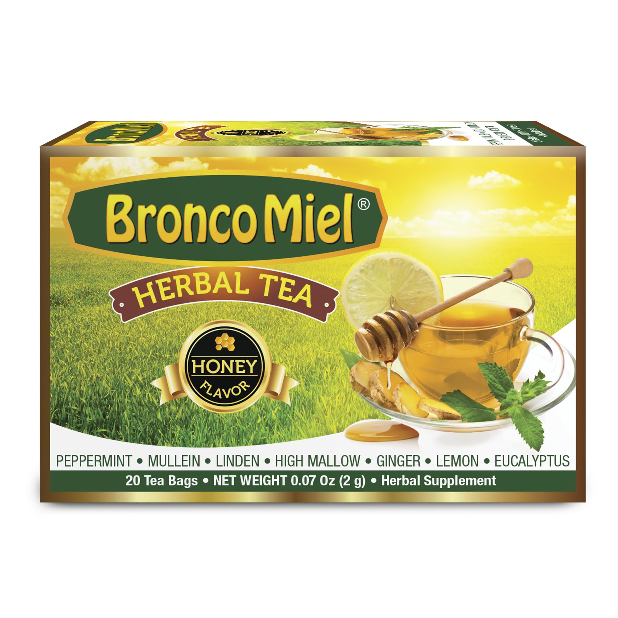 BRONCOMIEL Tea Bags - Honey Herbal Tea for Coughing and Soreness - Eucalyptus, Ginger and Lemon Tea - Sweet Honey Flavor - Easy to Prepare - Herbal