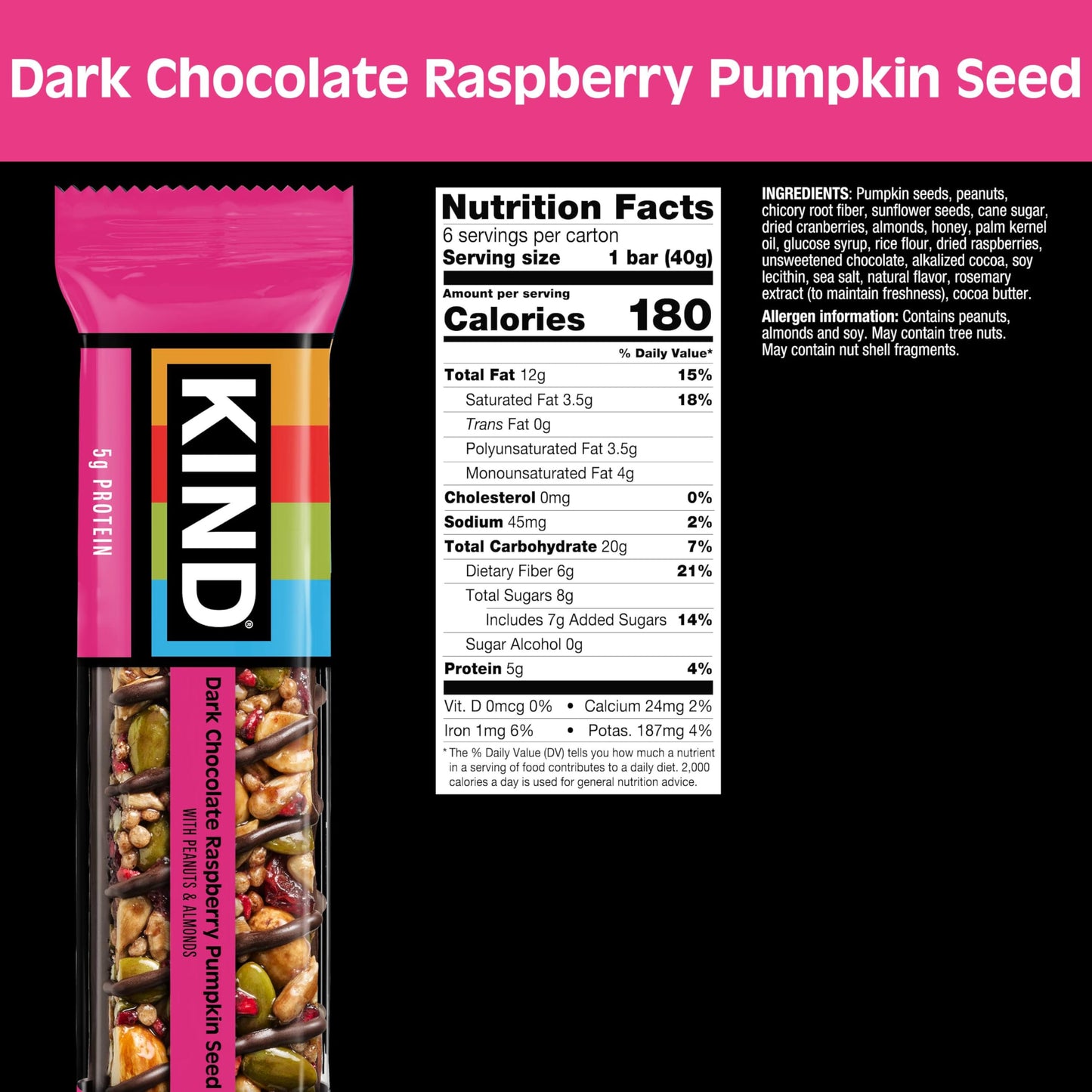 KIND Healthy Snacks Bars, Dark Chocolate Raspberry Pumpkin Seed, Gluten Free, High Fiber Snacks, 5g Protein, 6 Count