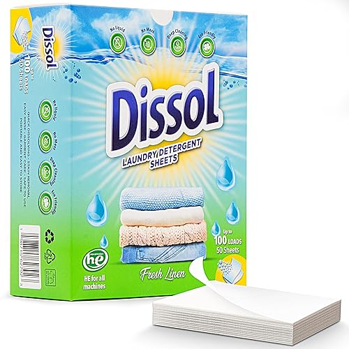 DISSOL Laundry Detergent Sheets Up to 100 Loads -50 Sheets-Hypoallergenic Laundry Soap - Ultra Concentrated, Recyclable- FRESH LINEN -Deep Cleaning
