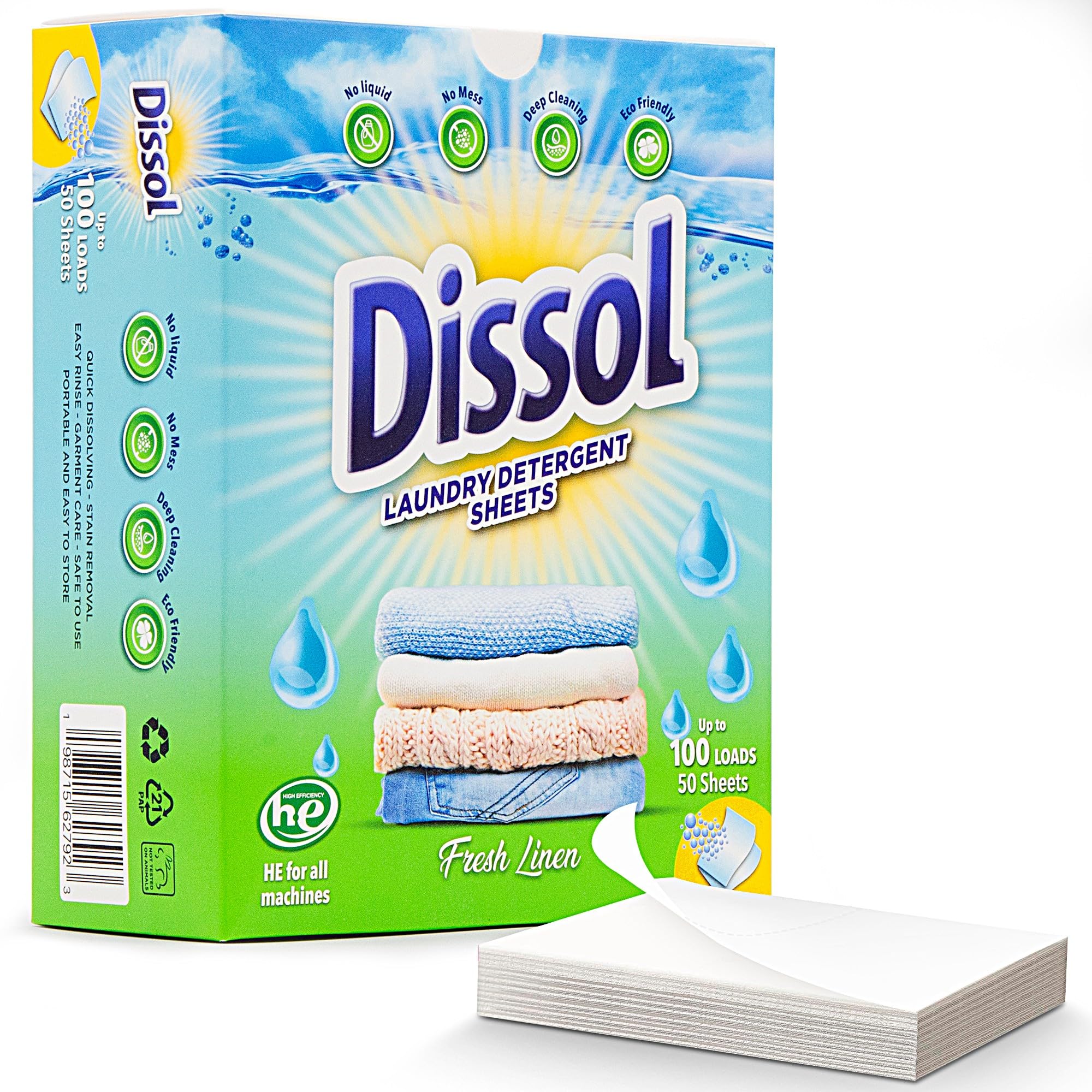 DISSOL Laundry Detergent Sheets Up to 100 Loads -50 Sheets-Hypoallergenic Laundry Soap - Ultra Concentrated, Recyclable- FRESH LINEN -Deep Cleaning