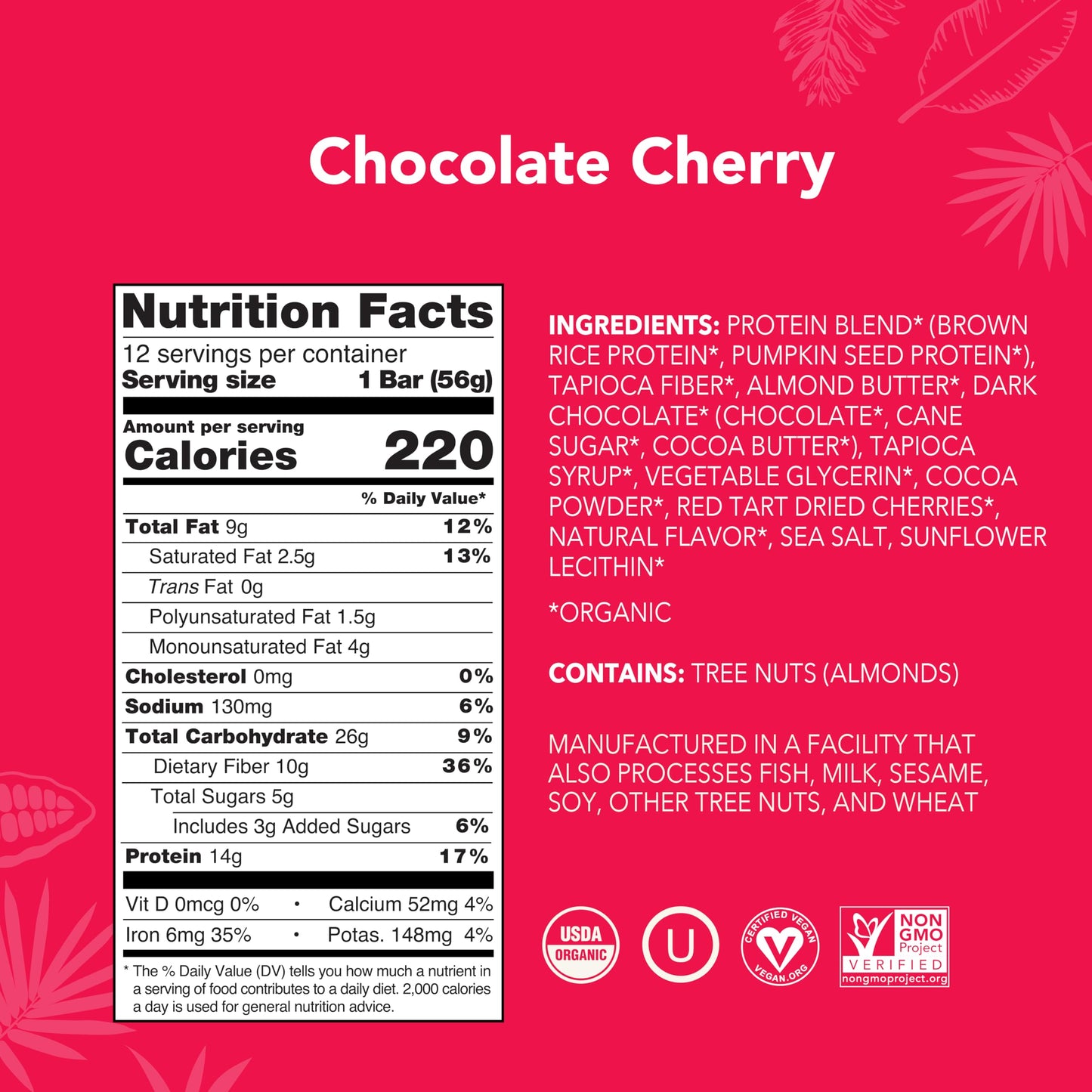 ALOHA Organic Plant Based Protein Bars - Chocolate Cherry - 12 Bars, Vegan, Low Sugar, Gluten-Free, Paleo, Low Carb, Non-GMO, No Stevia, No Erythritol