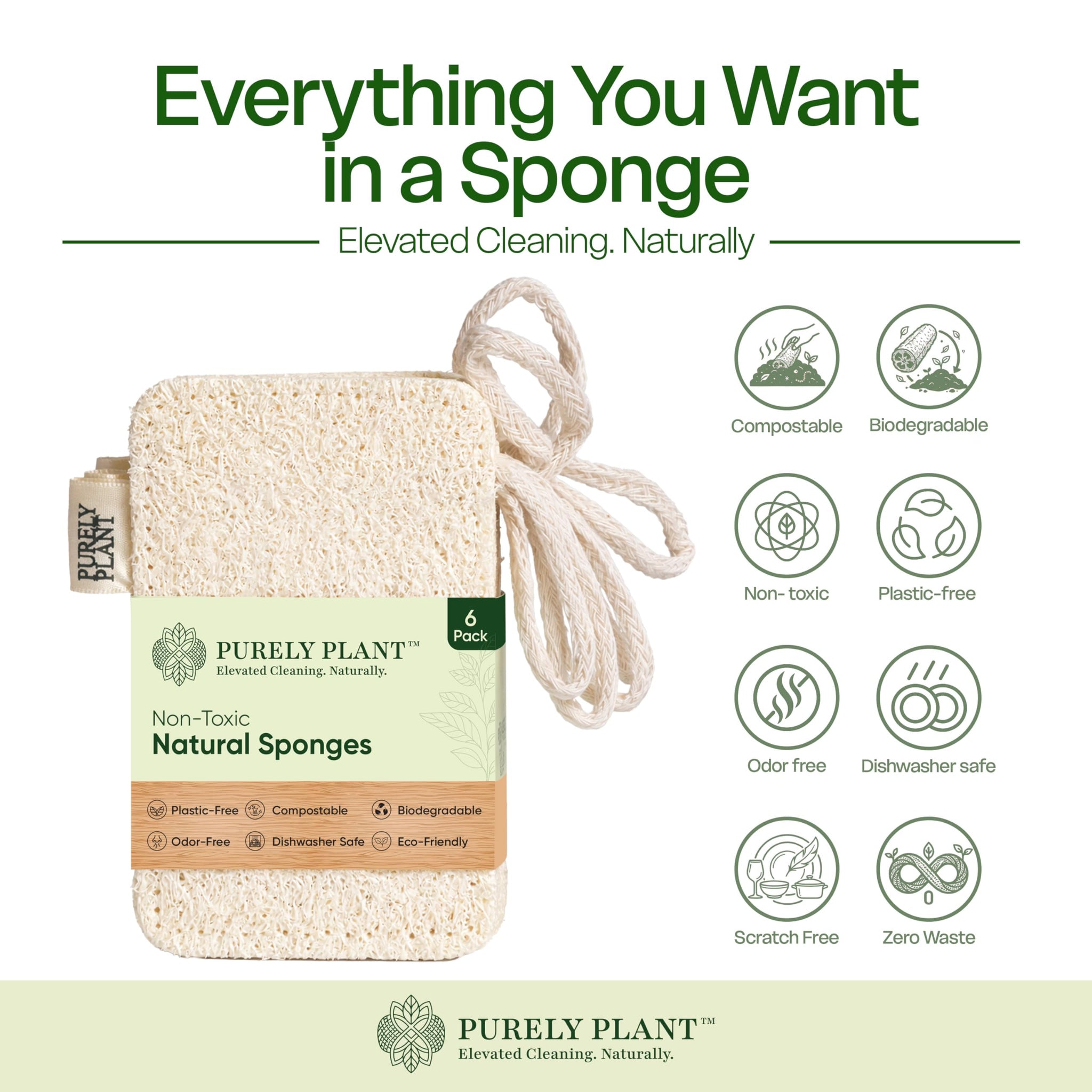 Purely Plant Loofah Dish Sponge 6 Pack-Non Toxic, 100% Plastic Free, Compostable & Biodegradable Premium Kitchen Scrubber, Plant Based, Non-Scratch