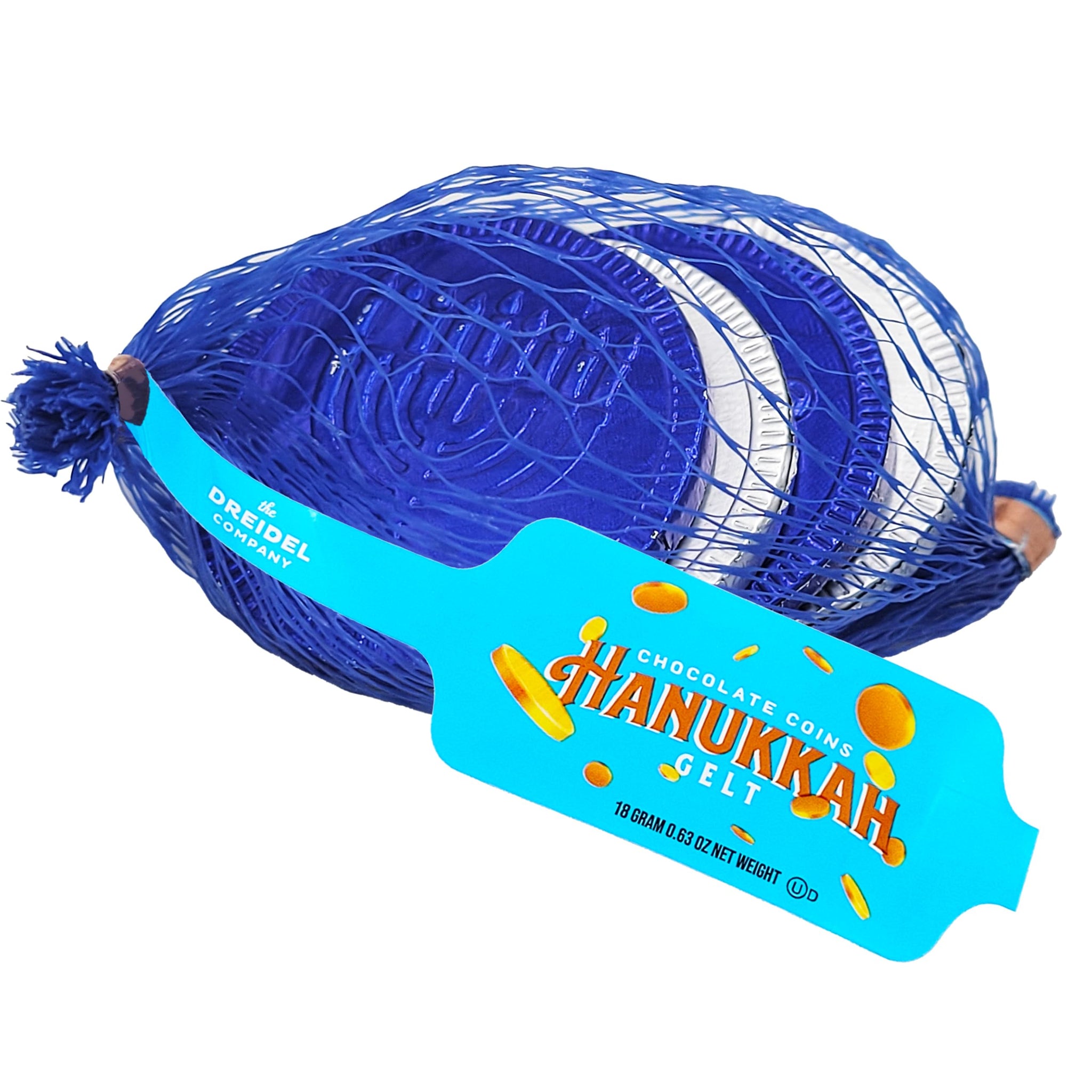 The Dreidel Company 12-Pack Blue & Silver Hanukkah Mesh Bags Milk Chocolate Coins, Hanukkah Design Gelt, Non GMO, Kosher Certified OU-D