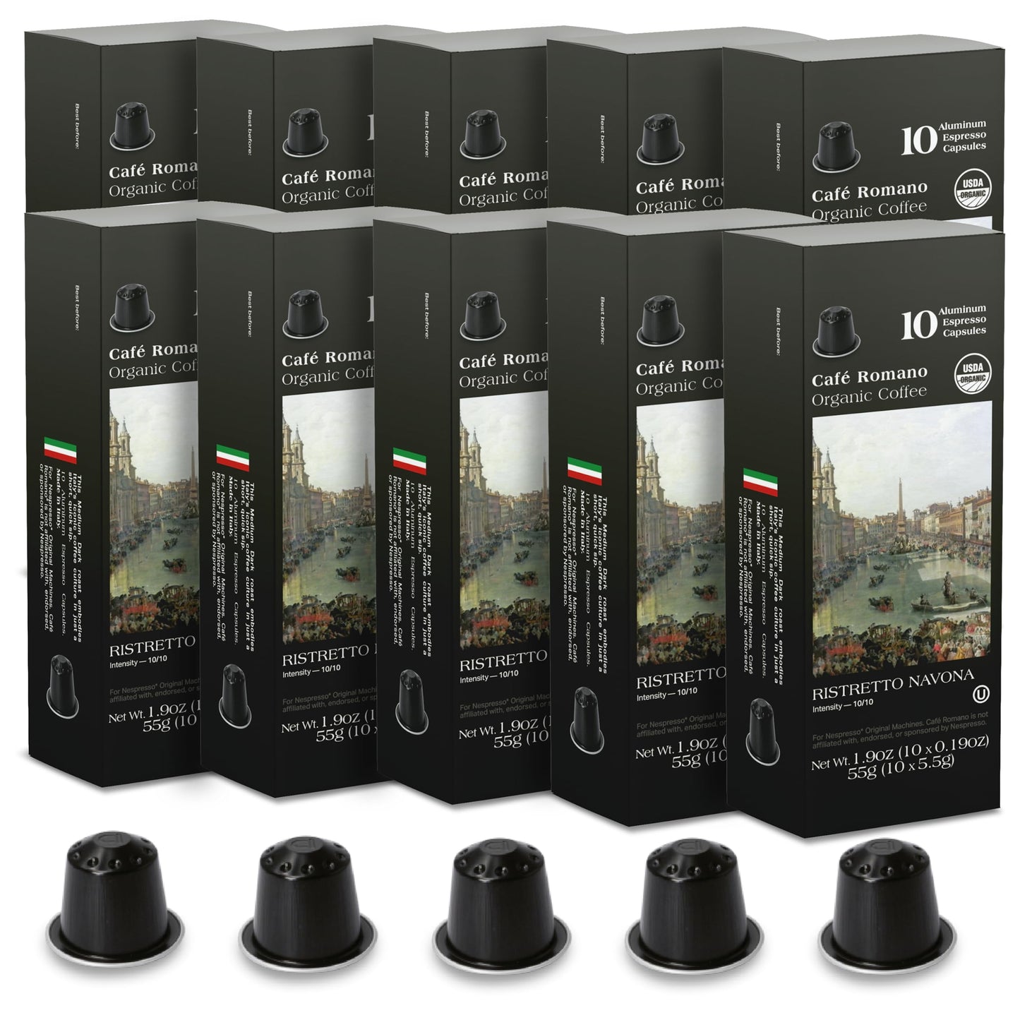 Organic USDA Café Romano Coffee Aluminum Espresso Pods For Nespresso Origninal Machine 100 Pack Italian Espresso Coffee 100% Arabica (Ristretto)