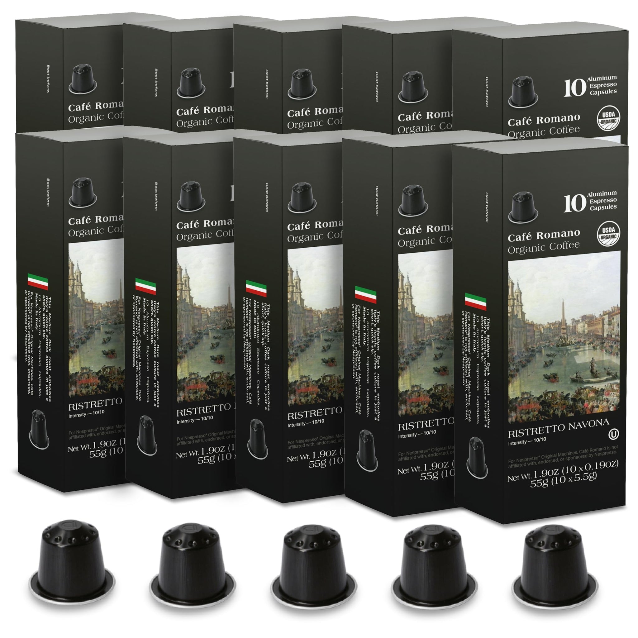 Organic USDA Café Romano Coffee Aluminum Espresso Pods For Nespresso Origninal Machine 100 Pack Italian Espresso Coffee 100% Arabica (Ristretto)