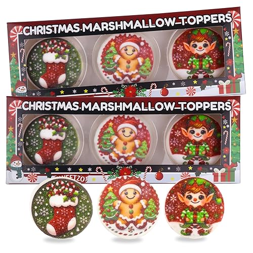 Christmas Marshmallow Toppers, Perfect for Hot Cocoa Toppings or Dessert Decorating Candy, Assorted Holiday Designs (6 Count (2 packs of 3))