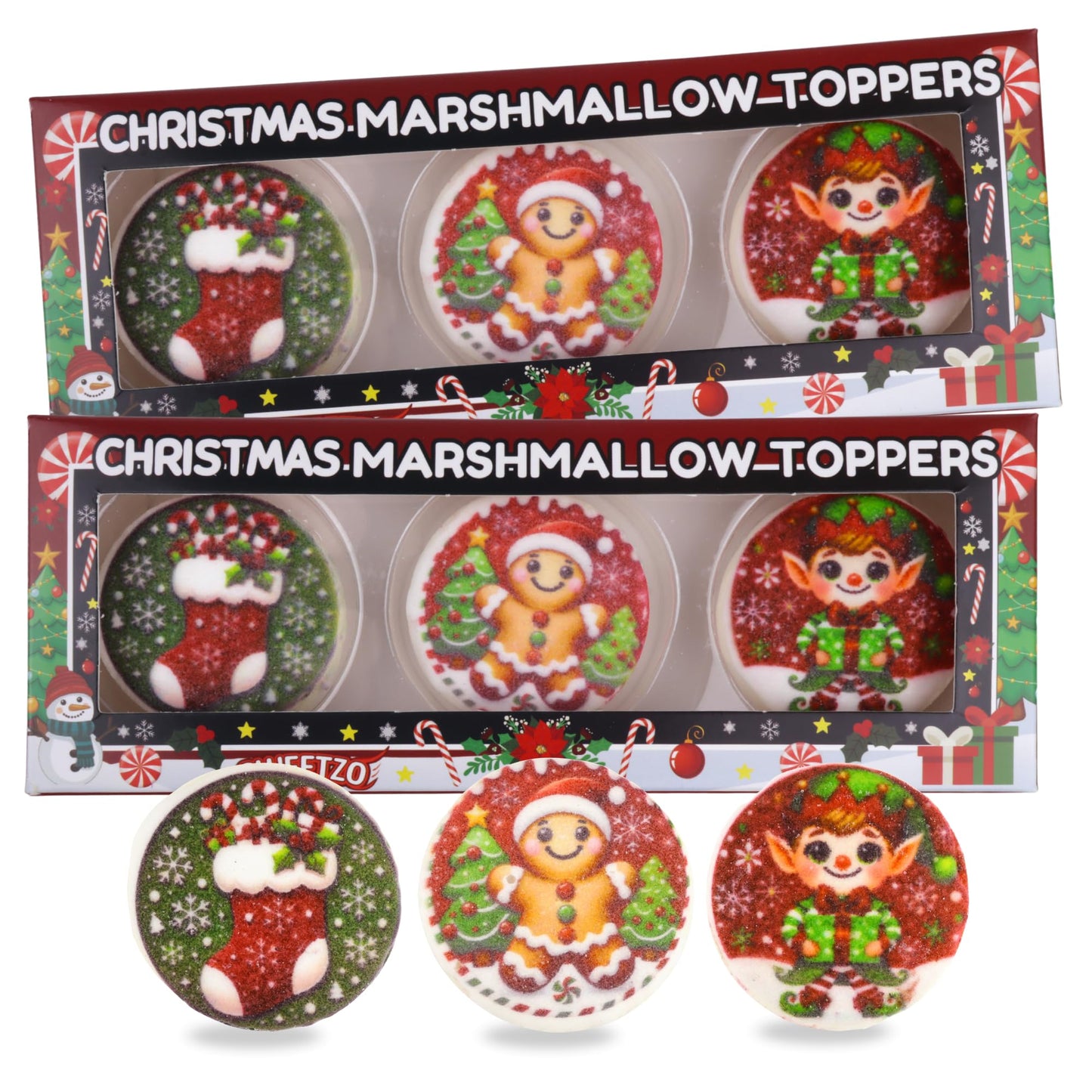 Christmas Marshmallow Toppers, Perfect for Hot Cocoa Toppings or Dessert Decorating Candy, Assorted Holiday Designs (6 Count (2 packs of 3))