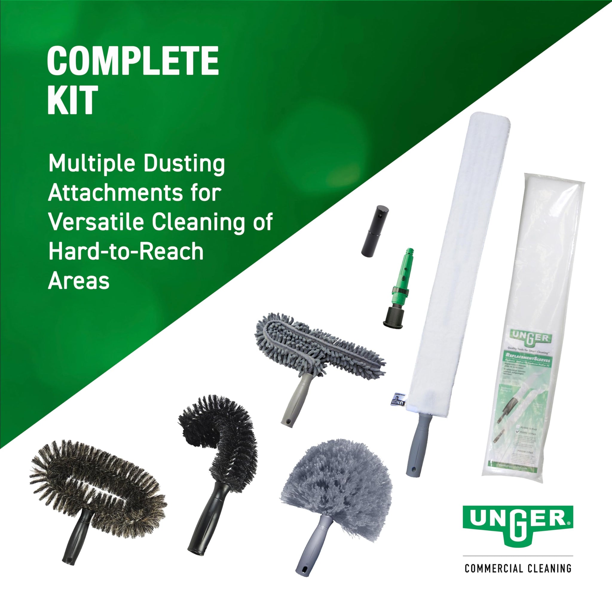 Unger Commercial High Access Dusting Kit, 8-Piece Set - Multi-Surface Cleaning Tools with Extendable Pole for Ceilings, Fans, and Vents - HADK2