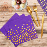 GuoZhiXin Purple and Gold Party Supplies 140 Pieces Golden Dot Disposable Party Dinnerware - Purple Paper Plates Napkins Cups, Gold Plastic Forks