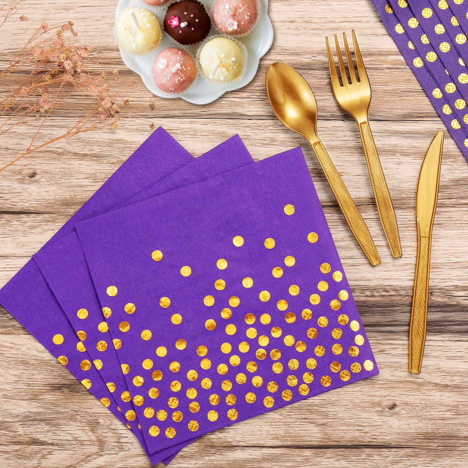 GuoZhiXin Purple and Gold Party Supplies 140 Pieces Golden Dot Disposable Party Dinnerware - Purple Paper Plates Napkins Cups, Gold Plastic Forks