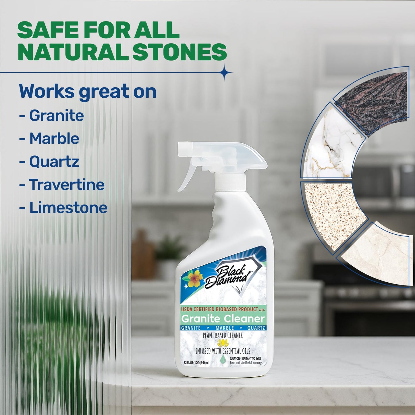 Black Diamond Stoneworks Granite Counter Cleaner: USDA Certified BIOBASED- Safe for Granite and other stone countertops. Safe for food contact formula