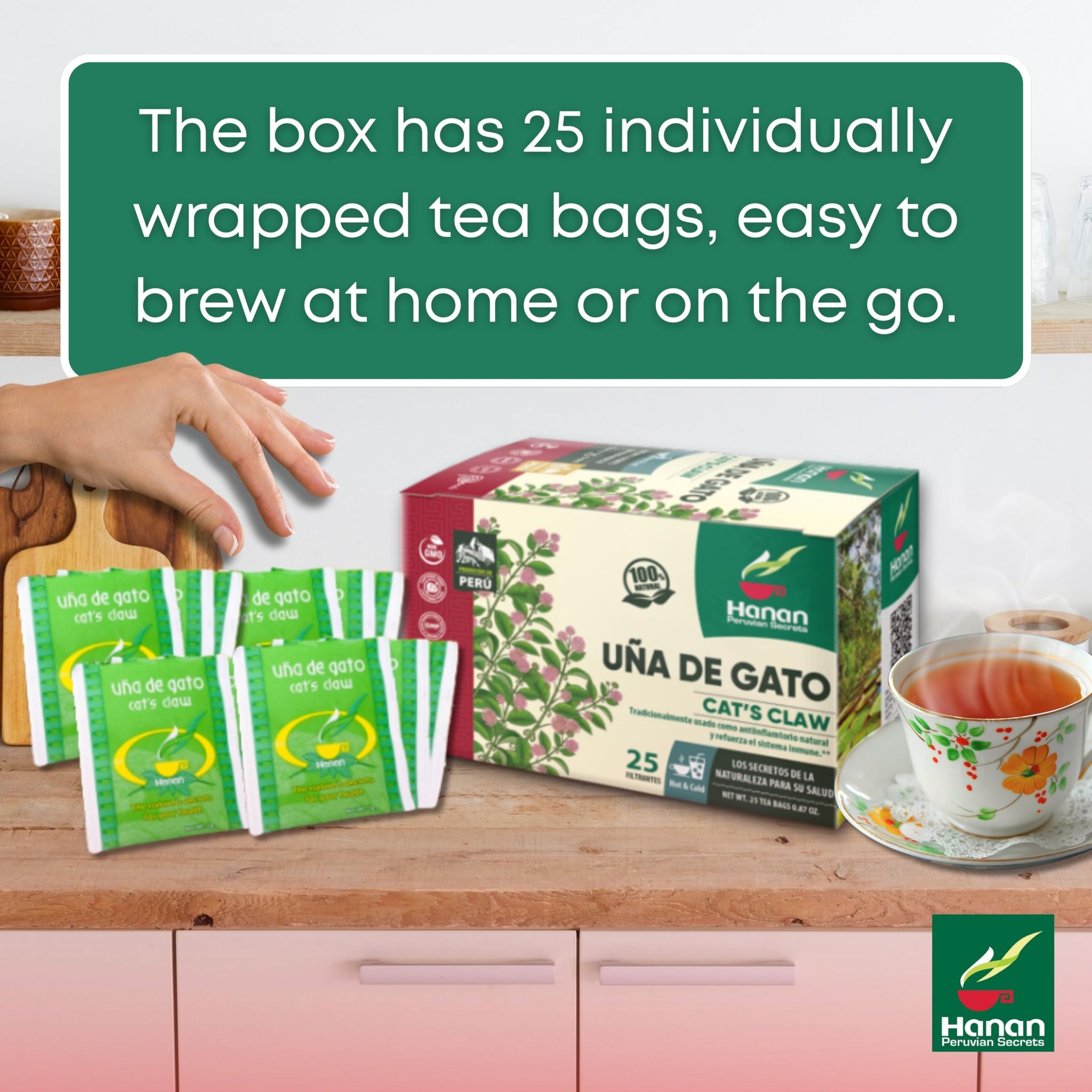 Hanan Cat’s Claw Tea Uña de Gato 25 Herbal Teabags - Wild Una de Gato Tree Bark Herb From Peru’s Amazon Lush of Peru