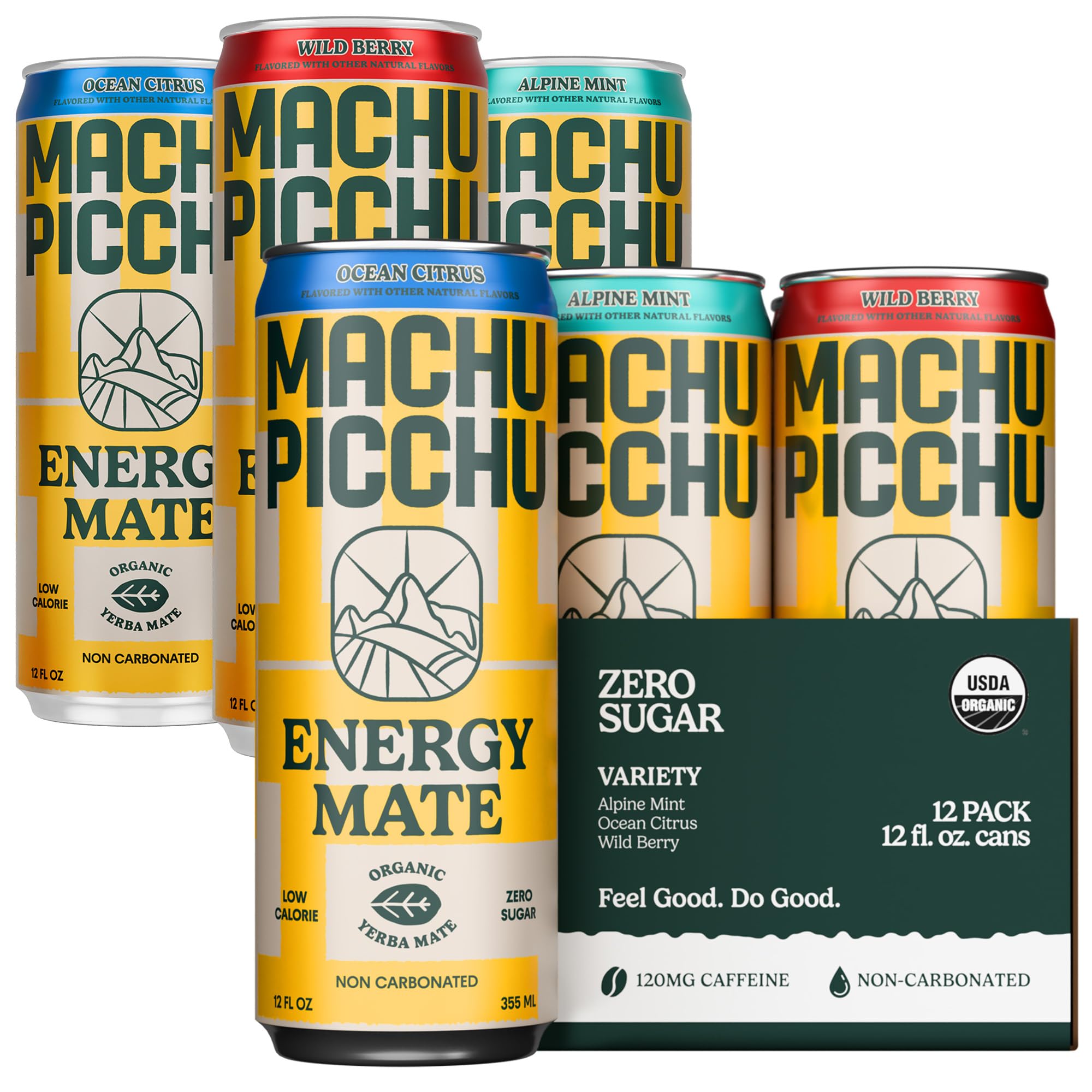 MACHU PICCHU 12-Pack Variety Zero Sugar Energy Mate Drink - Non-Carbonated Yerba Mate, 120mg Organic Caffeine, Smooth Focus Without Jitters or Crash